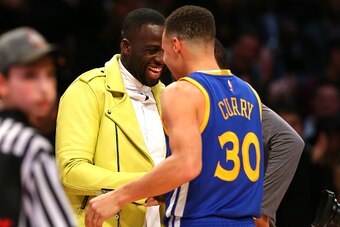 TORONTO, ON - FEBRUARY 13: Draymond Green and Stephen Curry of the Golden State Warriors celebrate in the Foot Locker Three-Point Contest during NBA All-Star Weekend 2016 at Air Canada Centre on February 13, 2016 in Toronto, Canada. NOTE TO USER: User exp