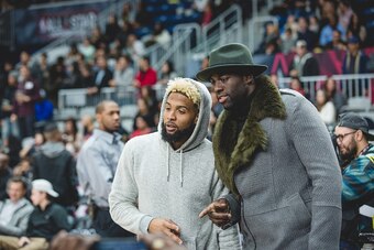 TORONTO, CANADA - FEBRUARY 12:  New York Giant, O'Dell Beckham Jr. and Draymond Green #23 of the Golden State Warriors attend the NBA All-Star Celebrity Game Presented by Mountain Dew as part of 2016 All-Star Weekend at the Ricoh Coliseum on February 12, 