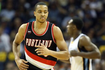 Apr 29, 2015; Memphis, TN, USA; Portland Trailblazers guard CJ McCollum (3) looks toward the Memphis Grizzlies bench in the first half during game five of the first round of the NBA Playoffs. at FedExForum. Mandatory Credit: Nelson Chenault-USA TODAY Spor