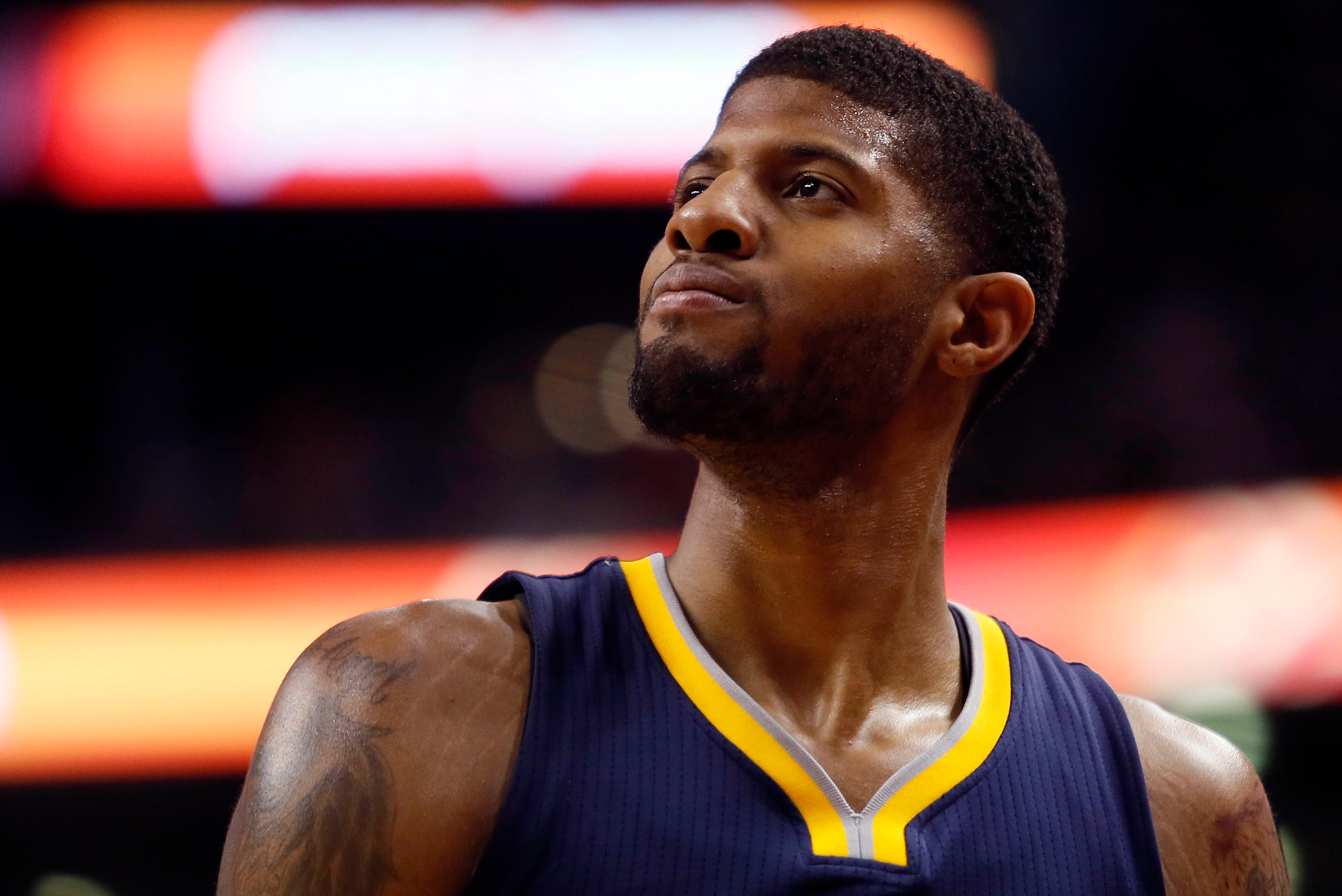 Apr 8, 2016; Toronto, Ontario, CAN; Indiana Pacers forward Paul George (13) during a break in the action against the Toronto Raptors at the Air Canada Centre. Toronto defeated Indiana 111-98. Mandatory Credit: John E. Sokolowski-USA TODAY Sports