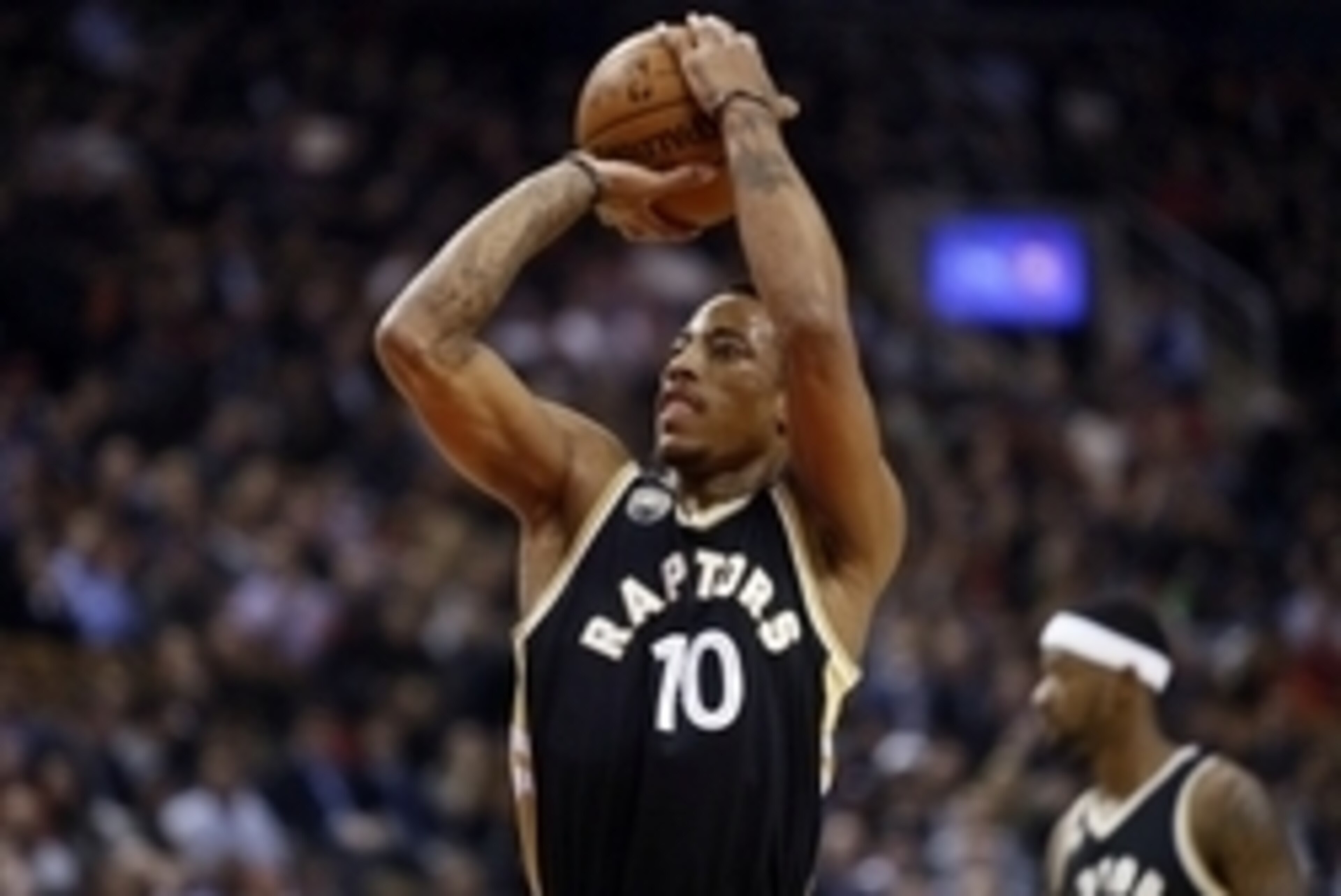 Mar 30, 2016; Toronto, Ontario, CAN; Toronto Raptors guard DeMar DeRozan (10) goes to take a free throw against the Atlanta Hawks at the Air Canada Centre. Toronto defeated Atlanta 105-97 for their franchise record 50th win in a season. Mandatory Credit: 
