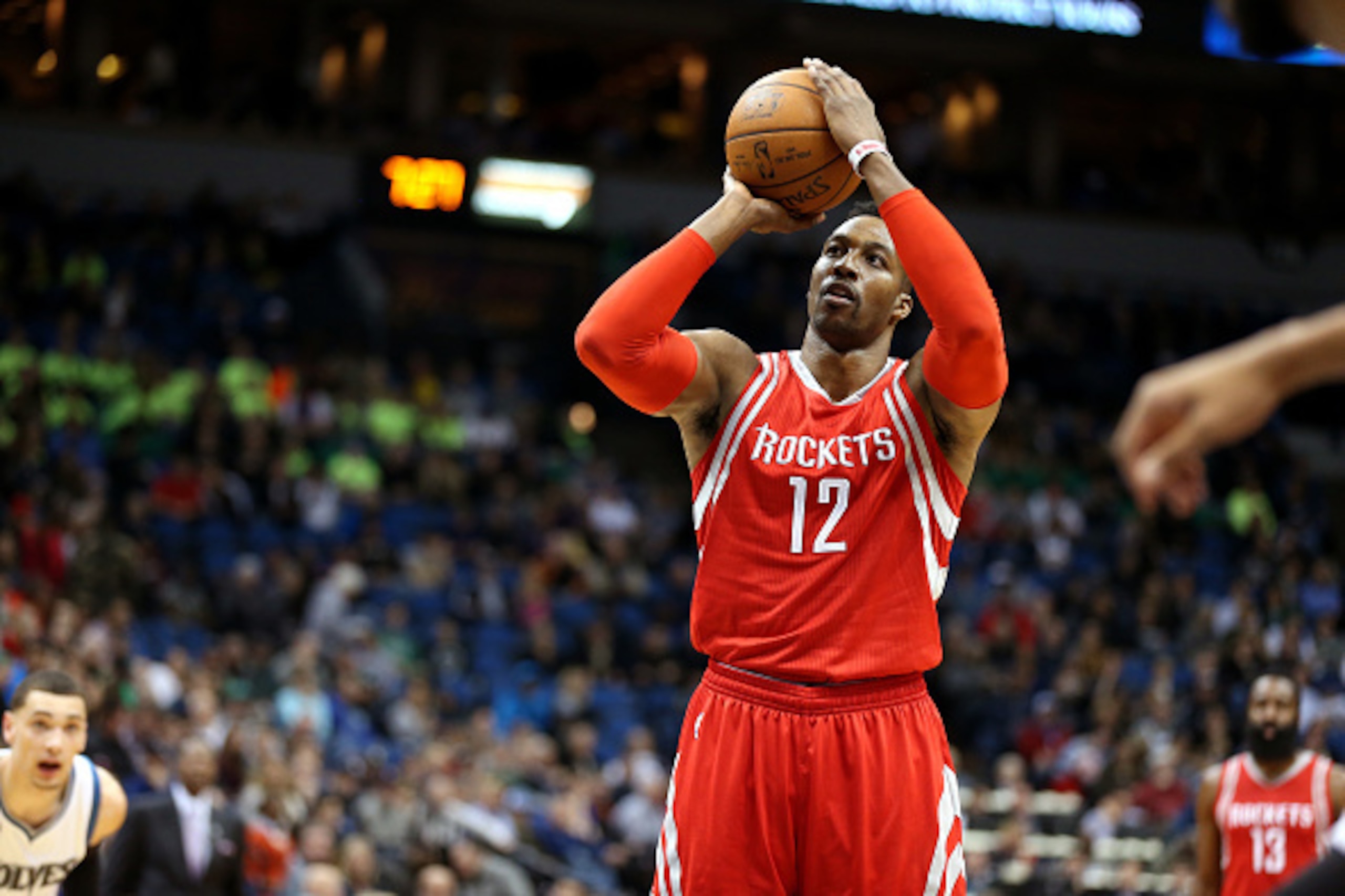 MINNEAPOLIS, MN -  APRIL 11: Dwight Howard #12 of the Houston Rockets shoots a free throw during the game against the Minnesota Timberwolves on April 11, 2016 at Target Center in Minneapolis, Minnesota. NOTE TO USER: User expressly acknowledges and agrees