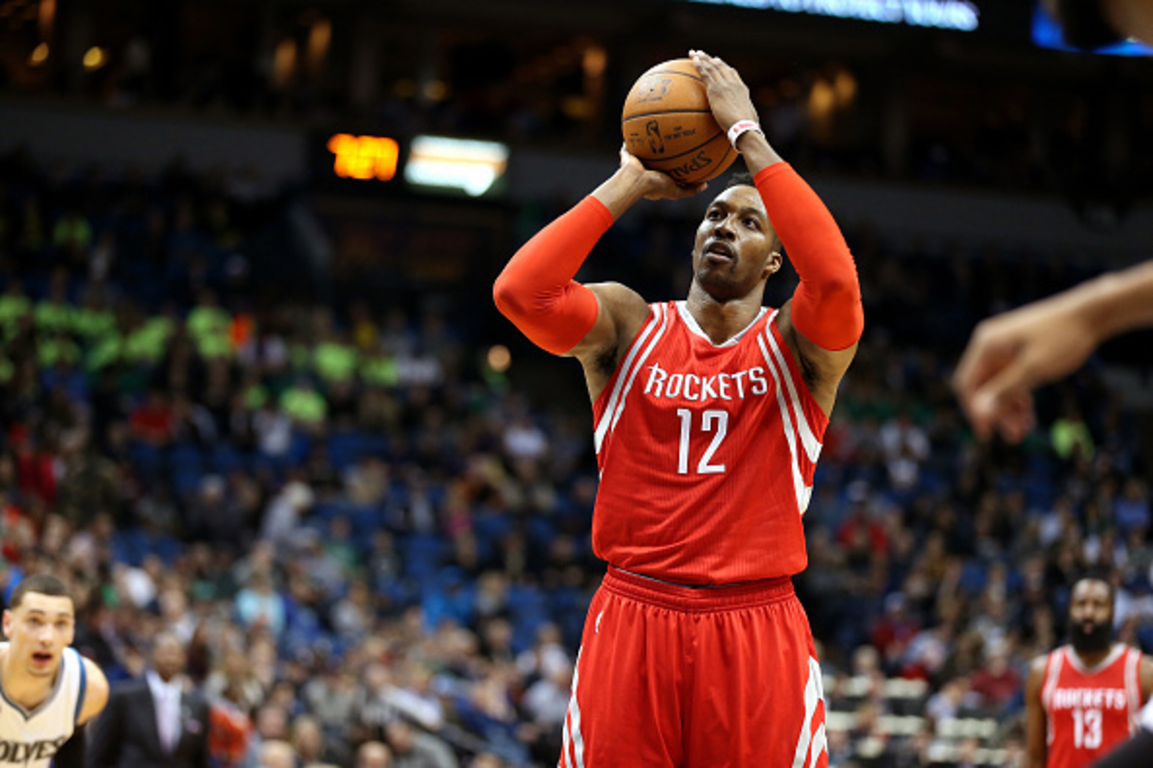 MINNEAPOLIS, MN -  APRIL 11: Dwight Howard #12 of the Houston Rockets shoots a free throw during the game against the Minnesota Timberwolves on April 11, 2016 at Target Center in Minneapolis, Minnesota. NOTE TO USER: User expressly acknowledges and agrees
