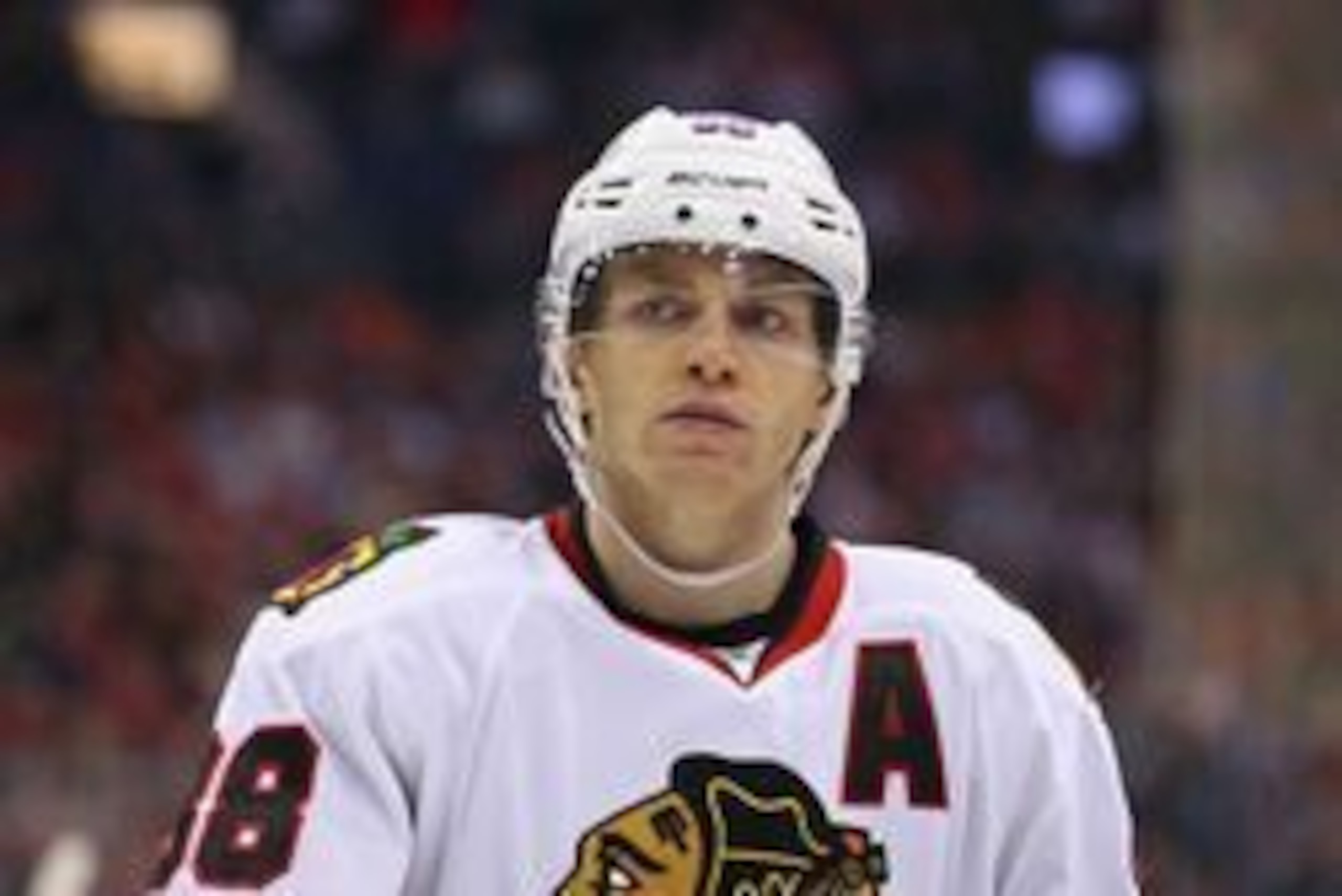 Apr 9, 2016; Columbus, OH, USA; Chicago Blackhawks right wing Patrick Kane (88) looks on during a stoppage in play against the Columbus Blue Jackets in the third period at Nationwide Arena. The Blue Jackets won 5-4 in overtime. Mandatory Credit: Aaron Dos