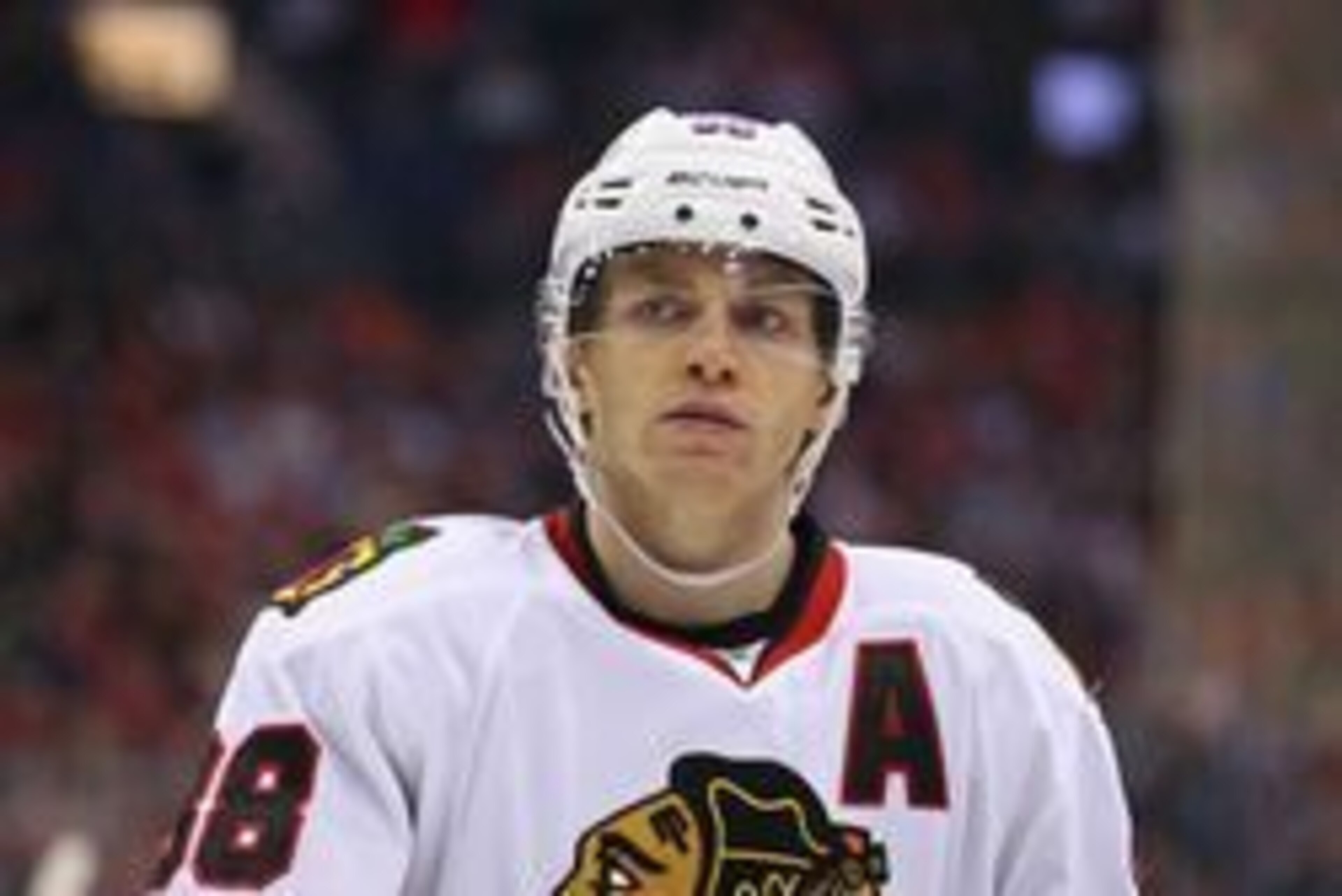 Apr 9, 2016; Columbus, OH, USA; Chicago Blackhawks right wing Patrick Kane (88) looks on during a stoppage in play against the Columbus Blue Jackets in the third period at Nationwide Arena. The Blue Jackets won 5-4 in overtime. Mandatory Credit: Aaron Dos