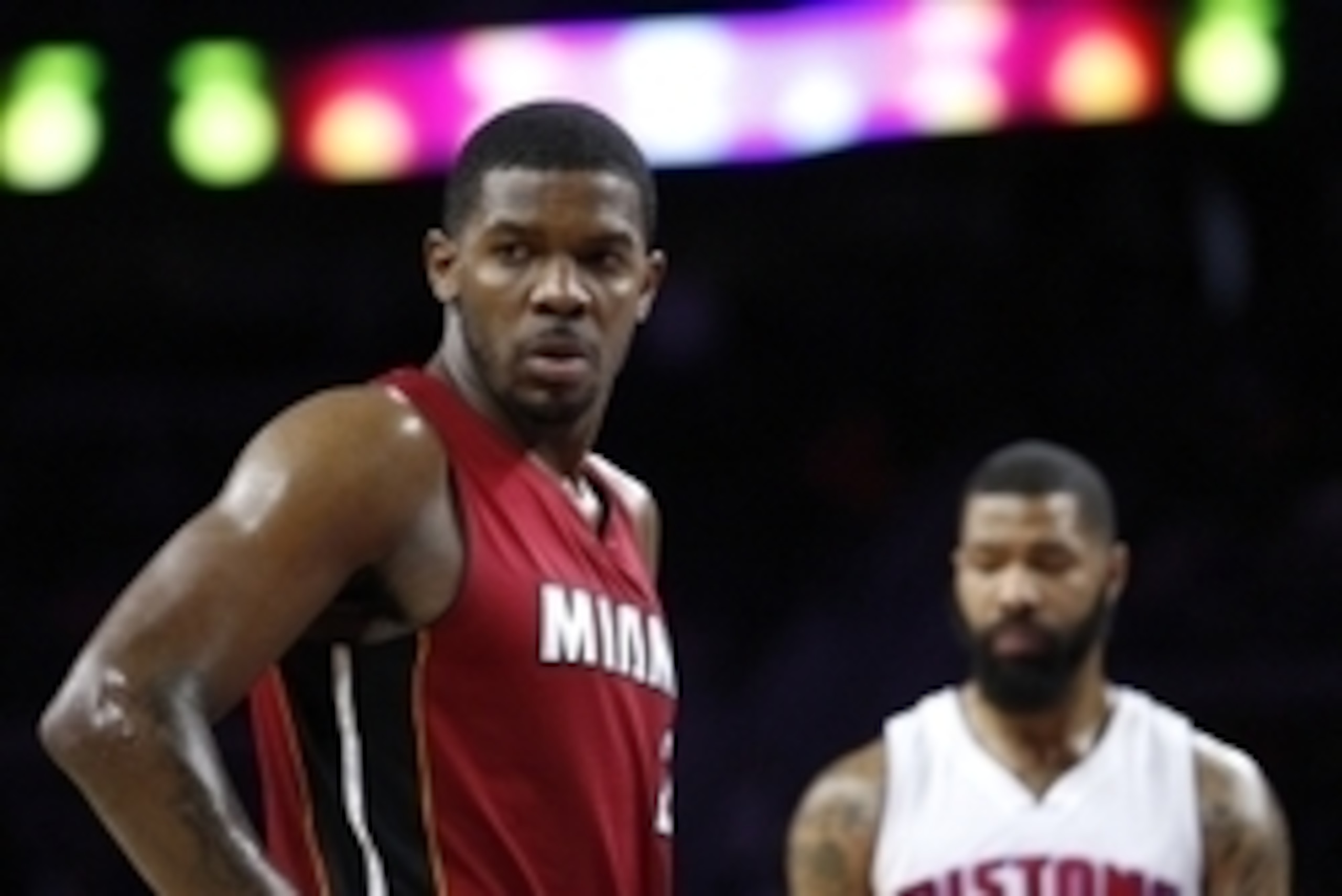 Apr 12, 2016; Auburn Hills, MI, USA; Miami Heat forward Joe Johnson (2) looks on during the fourth quarter against the Detroit Pistons at The Palace of Auburn Hills. Heat win 99-93. Mandatory Credit: Raj Mehta-USA TODAY Sports