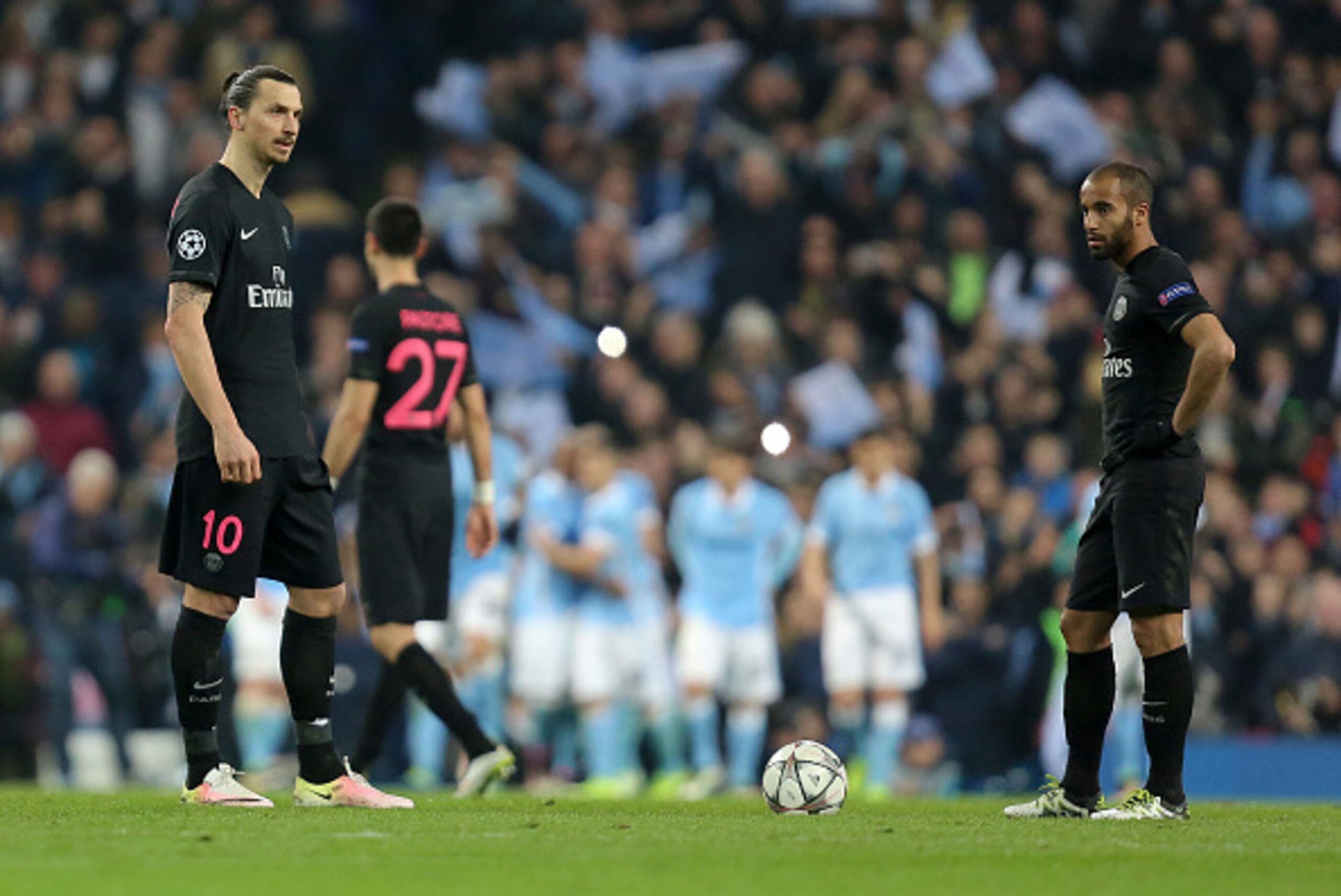 MANCHESTER, ENGLAND - APRIL 12: A dejected Zlatan Ibrahimovic of Paris St Germain prepares to re-start the game after Kevin De Bruyne of Manchester City scored a goal to make it 1-0 during the UEFA Champions League Quarter Final second leg match between M