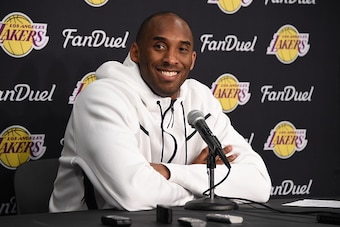 LOS ANGELES, CA - APRIL 11: Kobe Bryant #24 of the Los Angeles Lakers is seen at the post game press conference afer playing against the Oklahoma City Thunder on April 11, 2016  at the Chesapeake Energy Arena in Oklahoma City, Oklahoma. NOTE TO USER: User