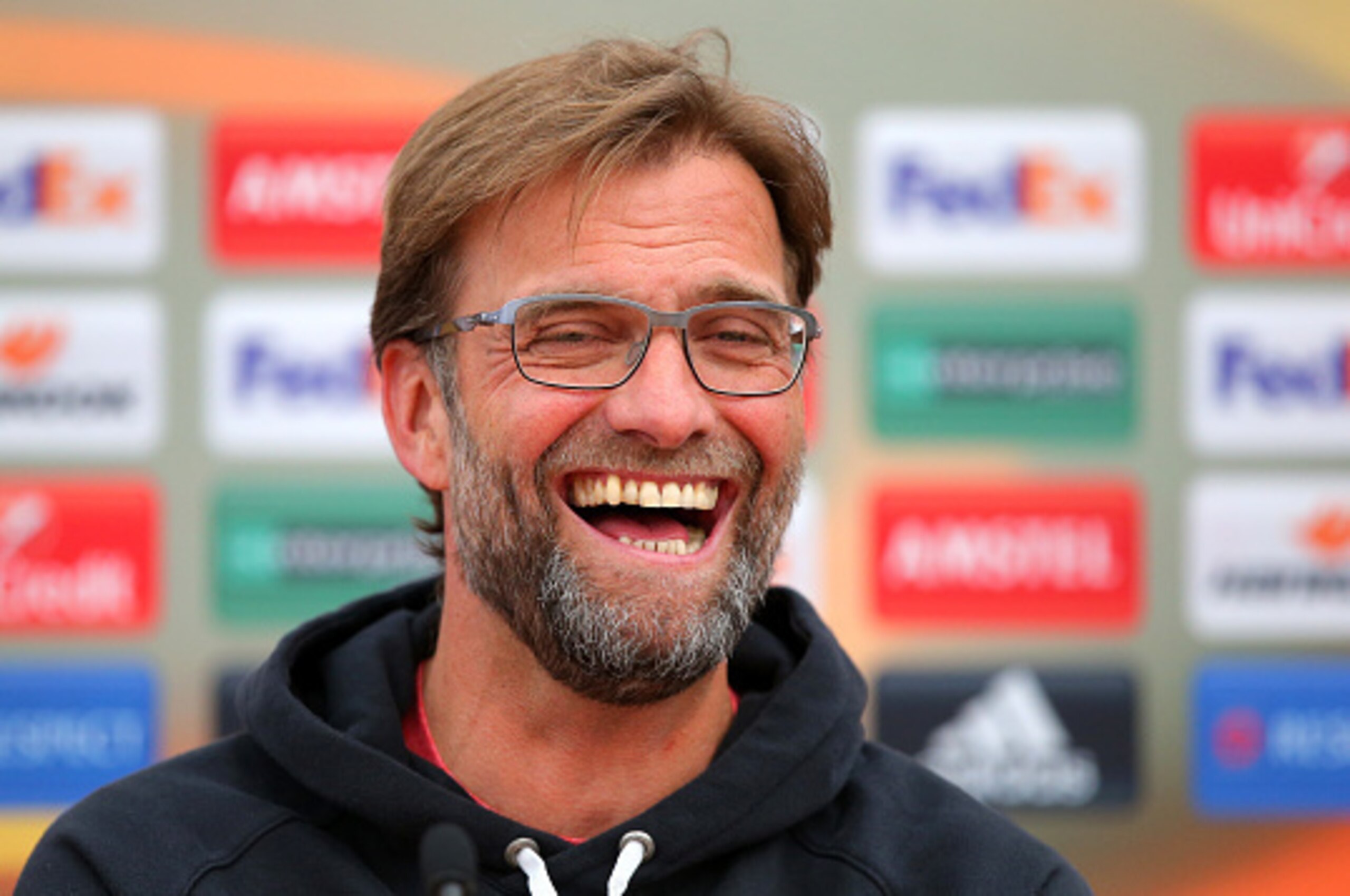 LIVERPOOL, ENGLAND - APRIL 13:  Jurgen Klopp, Manager of Liverpool addresses the media during a press conference ahead of the UEFA Europa League quarter final between Liverpool and Borussia Dortmund at Melwood Training Ground on April 13, 2016 in Liverpoo