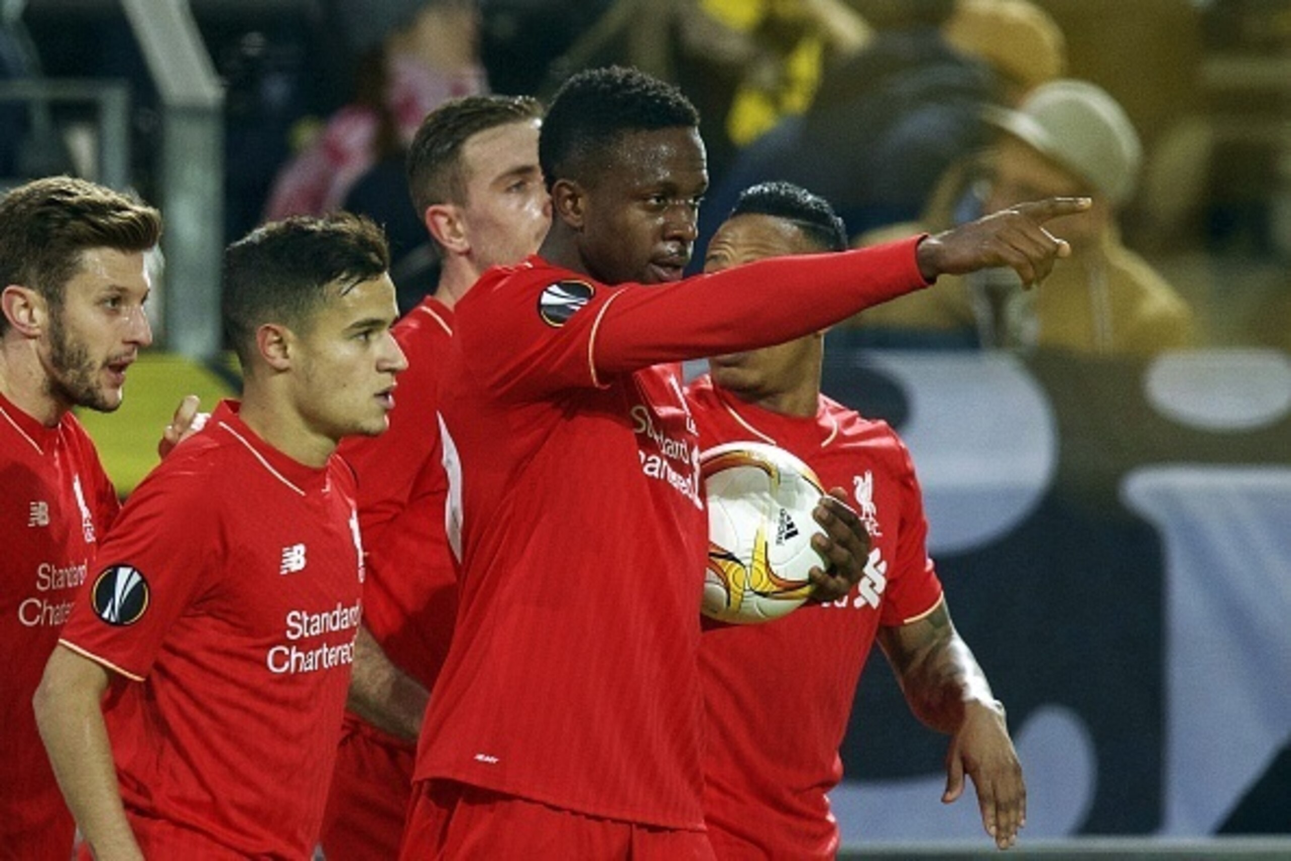 (L-R) Adam Lallana of Liverpool FC, Philippe Coutinho of Liverpool FC, Jordan Henderson of Liverpool FC, Divock Origi of Liverpool FC, Nathaniel Clyne of Liverpool FC during the UEFA Europa League quarter-final match between Borussia Dortmund and Liverpoo