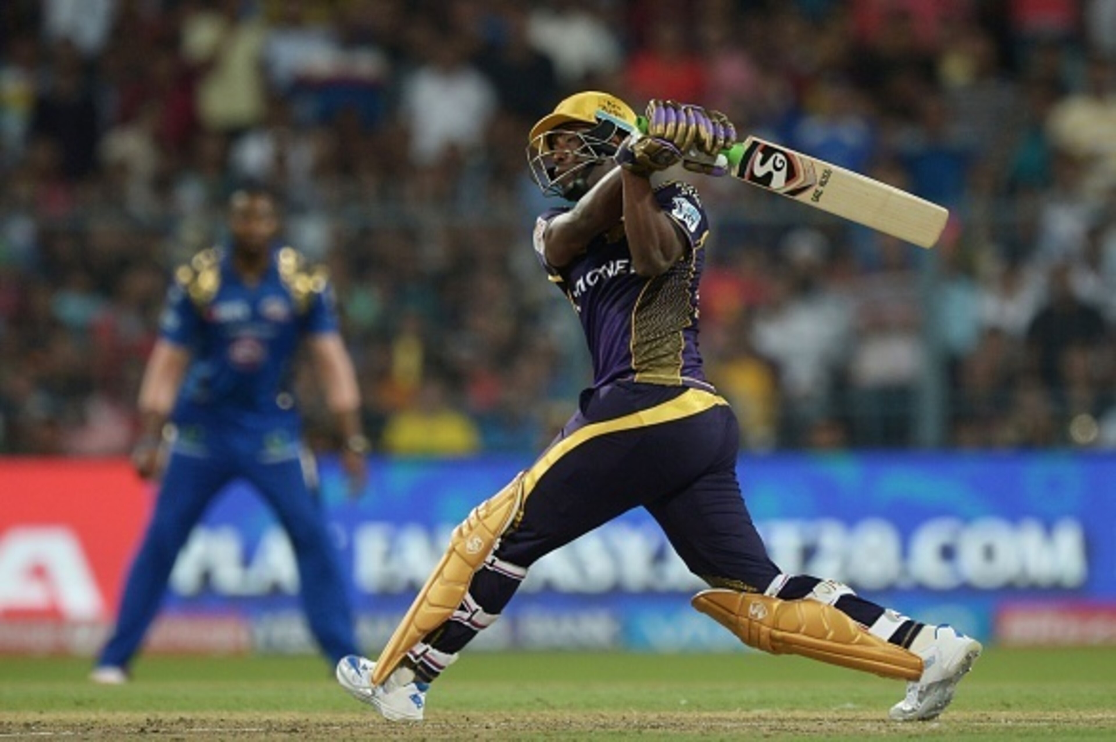 Kolkata Knight Riders cricketer Andre Russell plays a shot during the 2016 Indian Premier League (IPL) Twenty20 cricket match between Kolkata Knight Riders and Mumbai Indians at the Eden Gardens Cricket Stadium in Kolkata on April 13, 2016. ---- IMAGE RES Kolkata Knight Riders cricketer Andre Russell plays a shot during the 2016 Indian Premier League (IPL) Twenty20 cricket match between Kolkata Knight Riders and Mumbai Indians at the Eden Gardens Cricket Stadium in Kolkata on April 13, 2016. ---- IMAGE RES