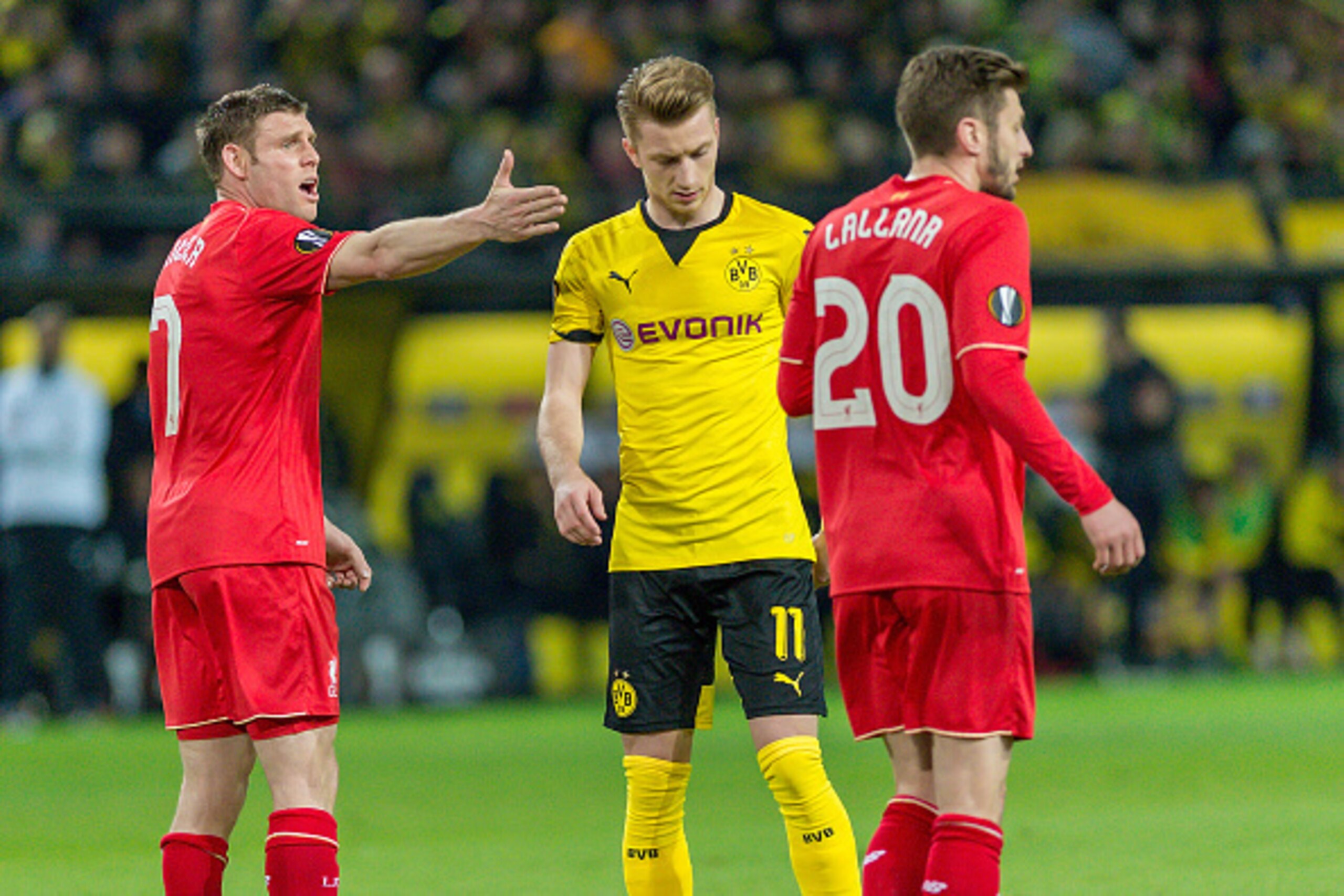 DORTMUND, GERMANY - APRIL 07: Midfielder James Milner (7) of FC Liverpool complaining at Signal Iduna Park during the UEFA Europa League quarter final first leg match between Borussia Dortmund and Liverpool on April 07, 2016 in Dortmund, Germany.  (Photo 