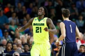 Mar 17, 2016; Providence, RI, USA; Baylor Bears forward Taurean Prince (21) reacts against the Yale Bulldogs during the first half of a first round game of the 2016 NCAA Tournament at Dunkin Donuts Center. Mandatory Credit: Winslow Townson-USA TODAY Sport