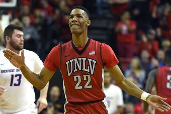 LAS VEGAS, NV - JANUARY 27:  Patrick McCaw #22 of the UNLV Rebels reacts after hitting a 3-pointer against the Boise State Broncos during their game at the Thomas & Mack Center on January 27, 2016 in Las Vegas, Nevada. UNLV won 87-77.  (Photo by Ethan Mil