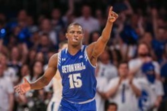 Mar 12, 2016; New York, NY, USA; Seton Hall Pirates guard Isaiah Whitehead (15) celebrates against the Villanova Wildcats in the second half of the championship game of the Big East conference tournament at Madison Square Garden. Seton Hall won, 69-67.  M