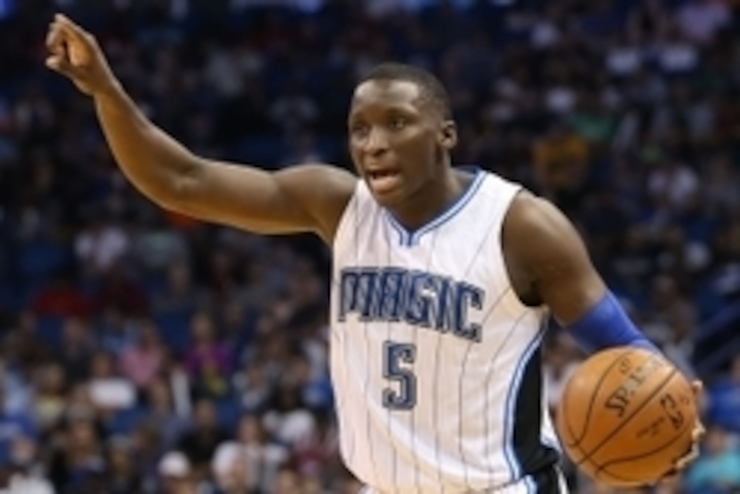 Apr 3, 2016; Orlando, FL, USA; Orlando Magic guard Victor Oladipo (5) signals for a play in the fourth quarter against the Memphis Grizzlies at Amway Center. The Orlando Magic won 119-107. Mandatory Credit: Logan Bowles-USA TODAY Sports