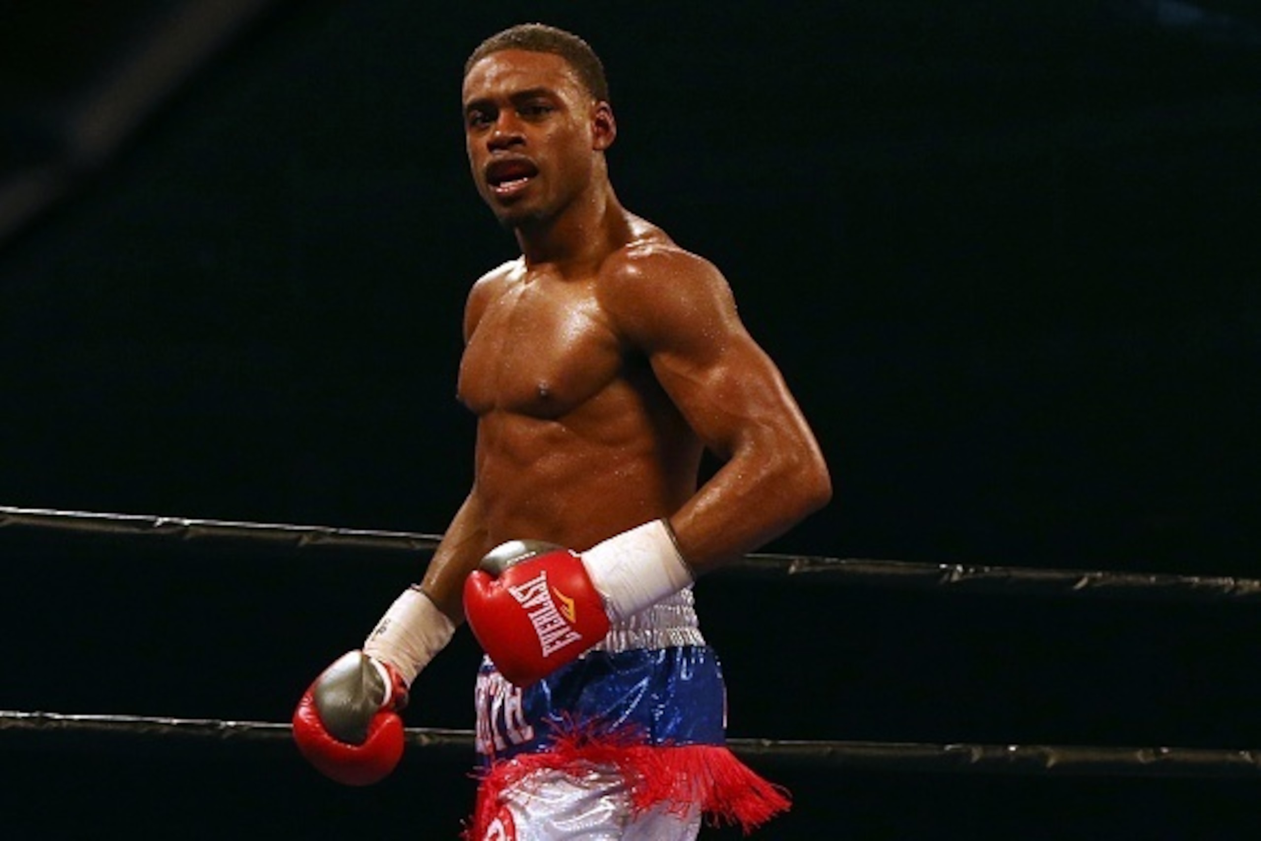 TORONTO, ON - SEPTEMBER 11:  Errol Spence Jr. celebrates his victory against Chris van Heerden during their Premier Boxing Champions bout at the Ricoh Coliseum on September 11, 2015 in Toronto, Ontario, Canada.  (Photo by Vaughn Ridley/Getty Images)