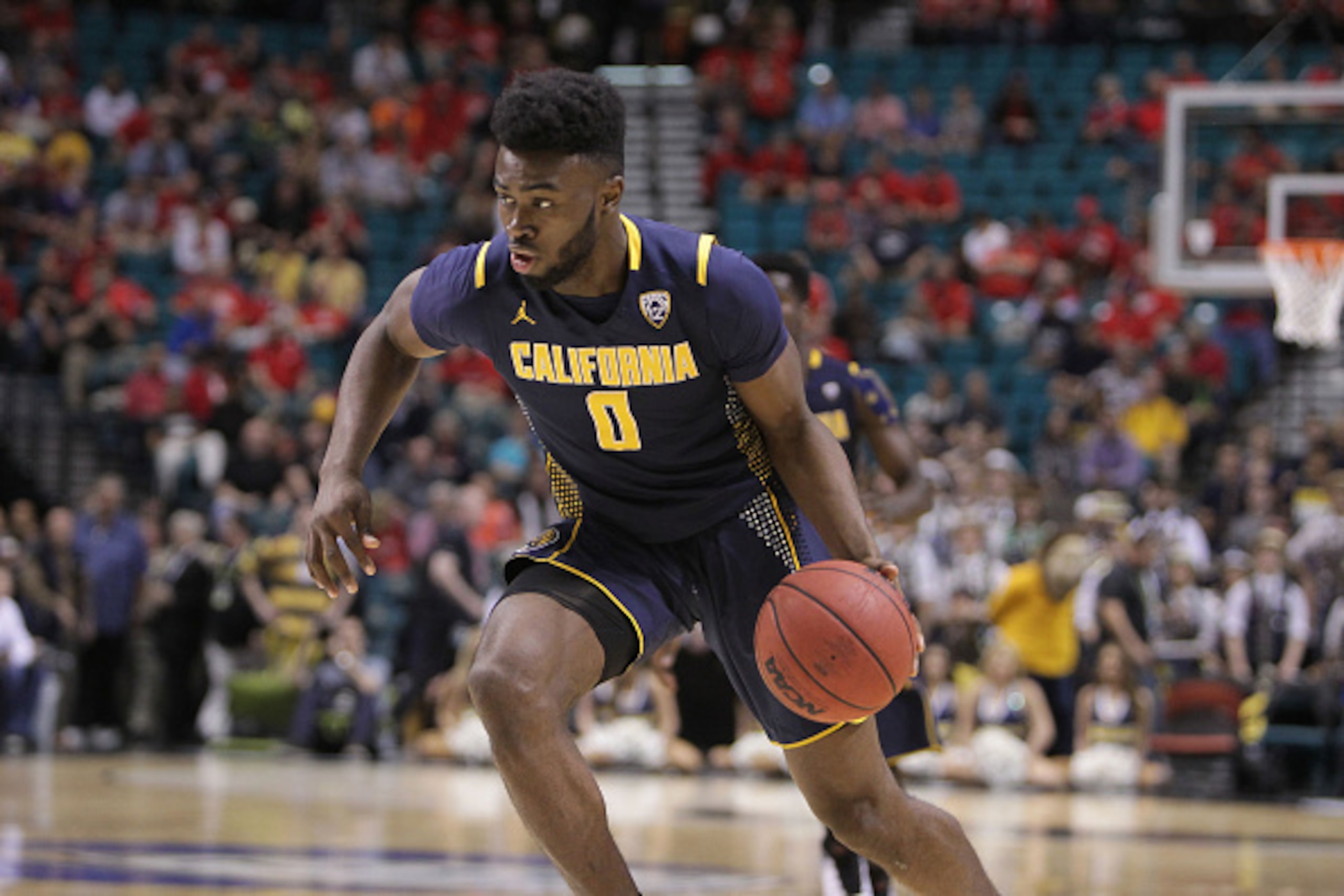 LAS VEGAS, NV - MARCH 11:  Jaylen Brown #0 of the California Golden Bears handles the ball against the Utah Utes during a semifinal game of the NCAA Pac-12 Basketball Tournament at MGM Grand Garden Arena on March 11, 2016 in Las Vegas, Nevada.  (Photo by 