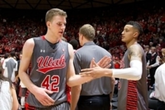 Mar 5, 2016; Salt Lake City, UT, USA; Utah Utes forward Jakob Poeltl (42) shakes hands with forward Kyle Kuzma (35) following the game against the Colorado Buffaloes at Jon M. Huntsman Center. Utah won 57-55. Mandatory Credit: Russ Isabella-USA TODAY Spor