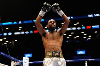NEW YORK, NY - JANUARY 30:  Gary Russell Jr. celebrates his win over Miguel Tamayo by way of knockout after their super featherweights fight at Barclays Center on January 30, 2014 in the Brooklyn borough of New York City.  (Photo by Maddie Meyer/Getty Ima
