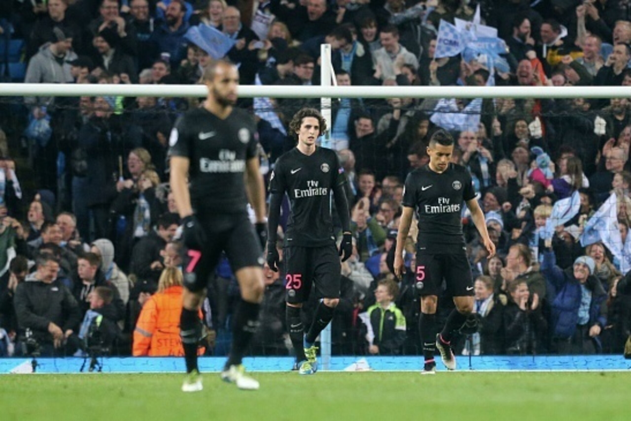 MANCHESTER, ENGLAND - APRIL 12:  Marquinhos and Adrien Rabiot
of Paris Saint-Germain iare Disapointed after the UEFA Champions League Quarter Final second leg match between Manchester City FC and Paris Saint-Germain at the Etihad Stadium on April 12, 2016