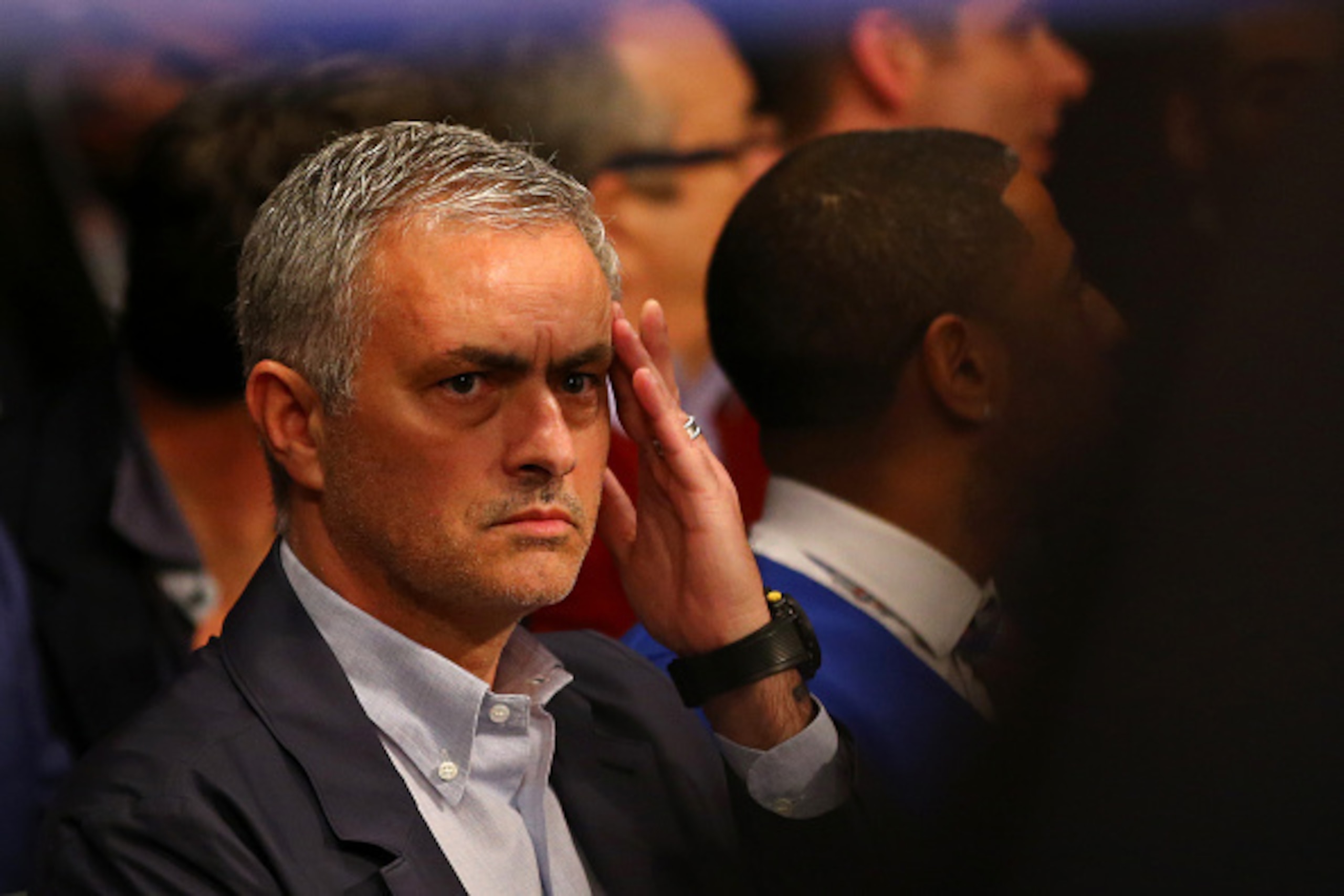LONDON, ENGLAND - APRIL 09:  Football manager Jose Mourinho watches the IBF World Featherweight title fight between Eric Hunter of the United States and Lee Selby of Wales during at The O2 Arena on April 9, 2016 in London, England.  (Photo by Richard Heat