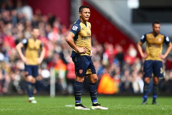 LONDON, UNITED KINGDOM - APRIL 09: Alexis Sanchez of Arsenal shows his dejection after West Ham's second goal during the Barclays Premier League match between West Ham United and Arsenal at the Boleyn Ground on April 9, 2016 in London, England.  (Photo by