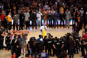 LOS ANGELES, CA - APRIL 13:  Kobe Bryant #24 of the Los Angeles Lakers speaks to the crowd after the game against the Utah Jazz on April 13, 2016 at Staples Center in Los Angeles, California. NOTE TO USER: User expressly acknowledges and agrees that, by d