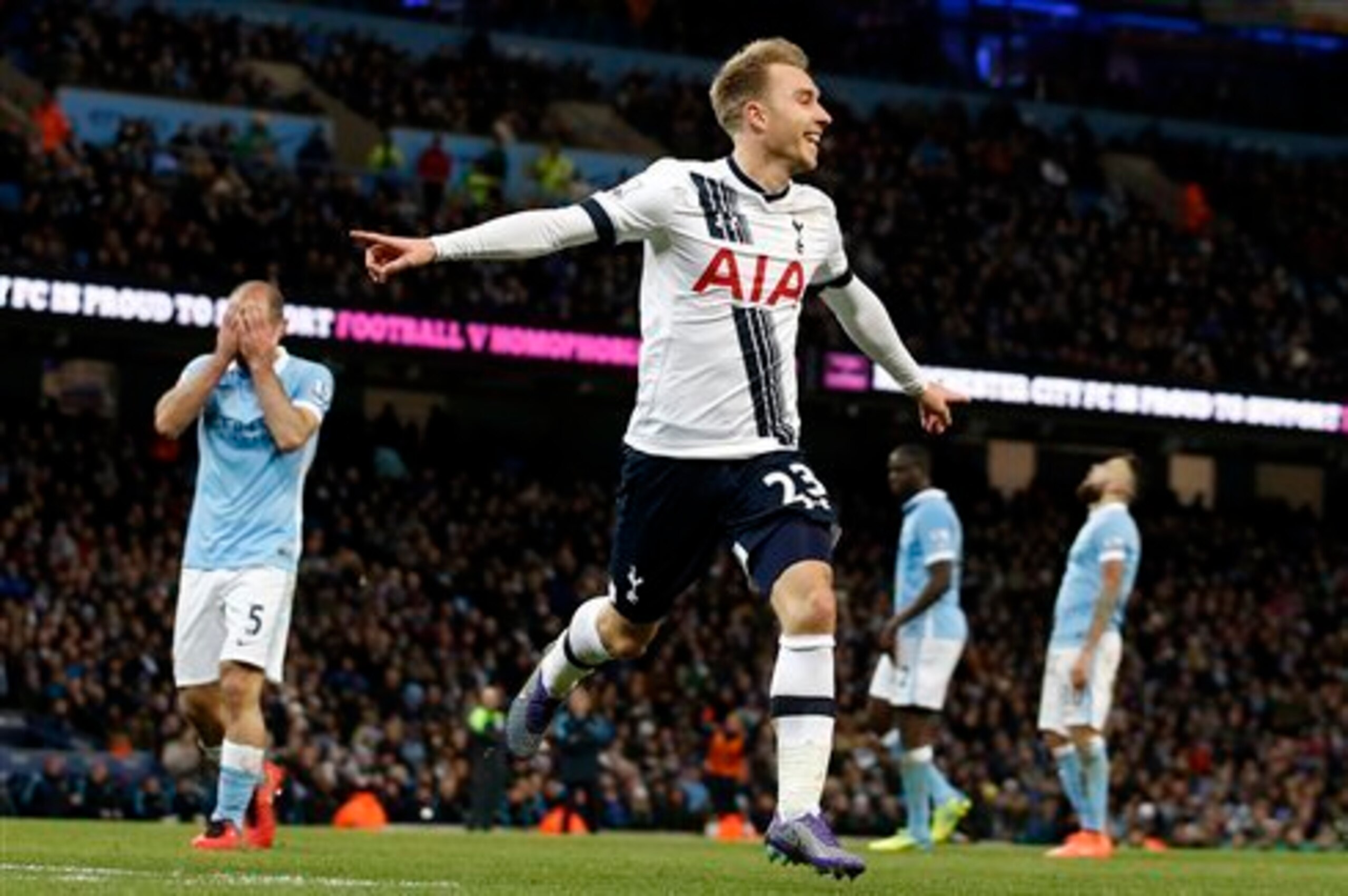Eriksen celebrating his match-winning goal against Manchester City in February.