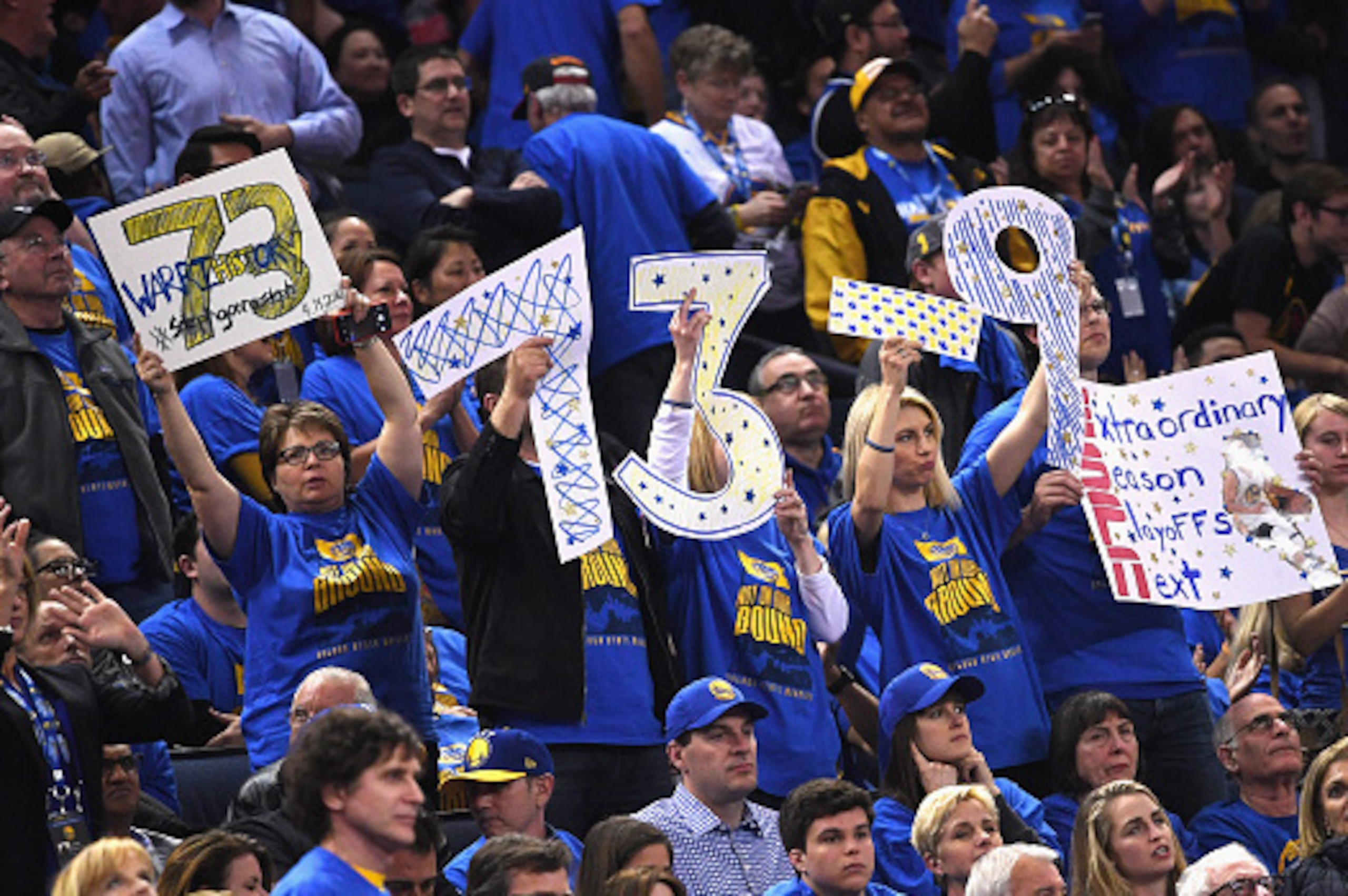 OAKLAND, CA - APRIL 13:  Golden State Warriors fans hold signs in the second half during the game between the Memphis Grizzlies and the Golden State Warriors at ORACLE Arena on April 13, 2016 in Oakland, California. By defeating the Memphis Grizzlies, the