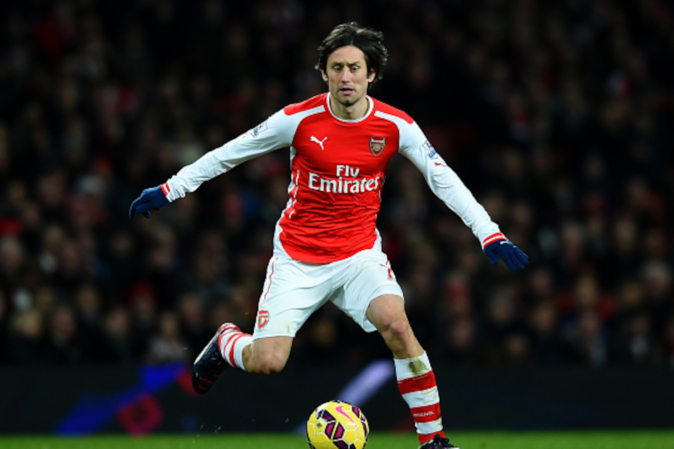 LONDON, ENGLAND - FEBRUARY 10:  Tomas Rosicky of Arsenal in action during the Barclays Premier League match between Arsenal and Leicester City at Emirates Stadium on February 10, 2015 in London, England.  (Photo by Michael Regan/Getty Images)