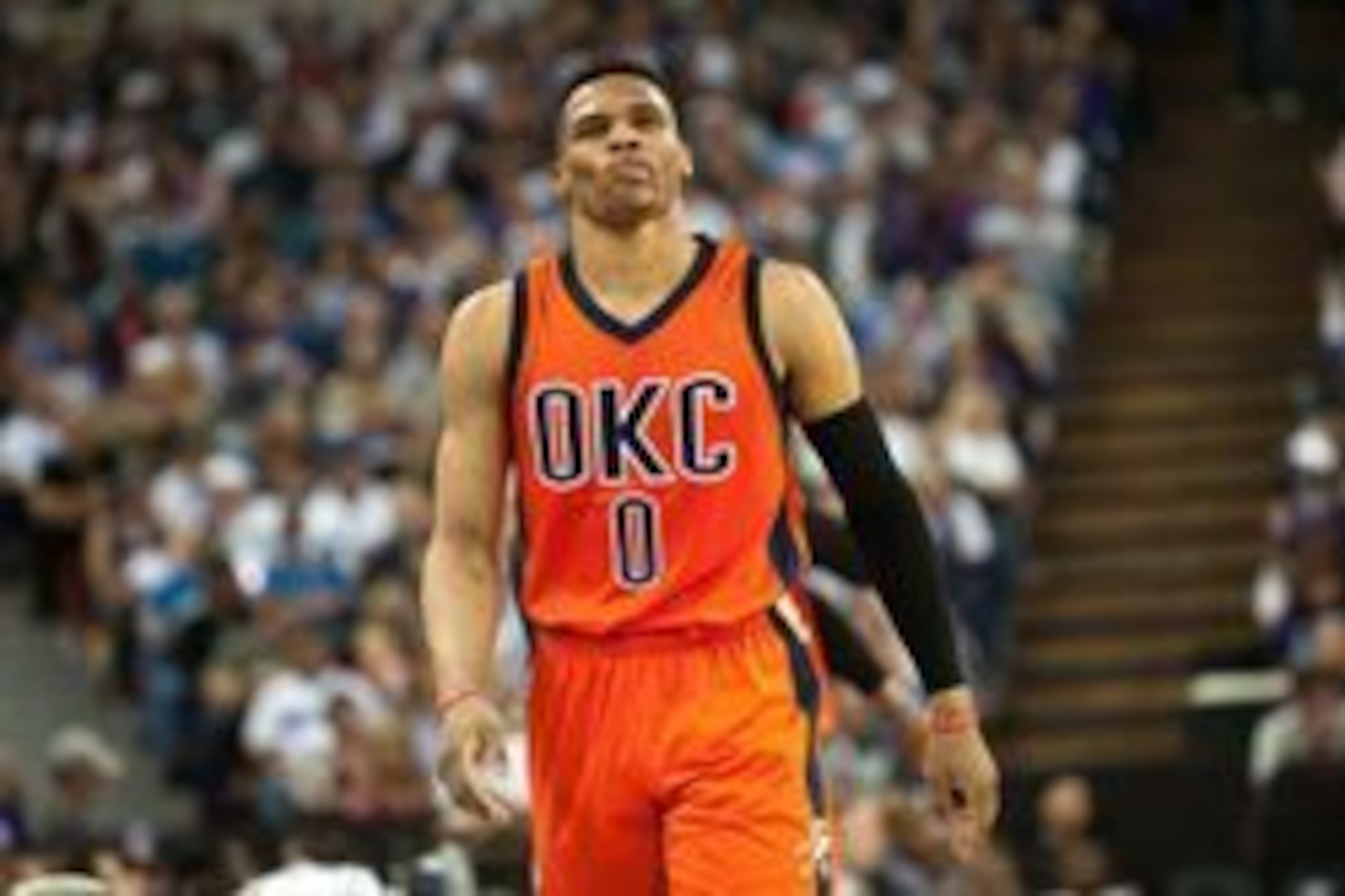 Apr 9, 2016; Sacramento, CA, USA; Oklahoma City Thunder guard Russell Westbrook (0) looks on during the fourth quarter of the game against the Sacramento Kings at Sleep Train Arena. The Kings won 114-112. Mandatory Credit: Ed Szczepanski-USA TODAY Sports
