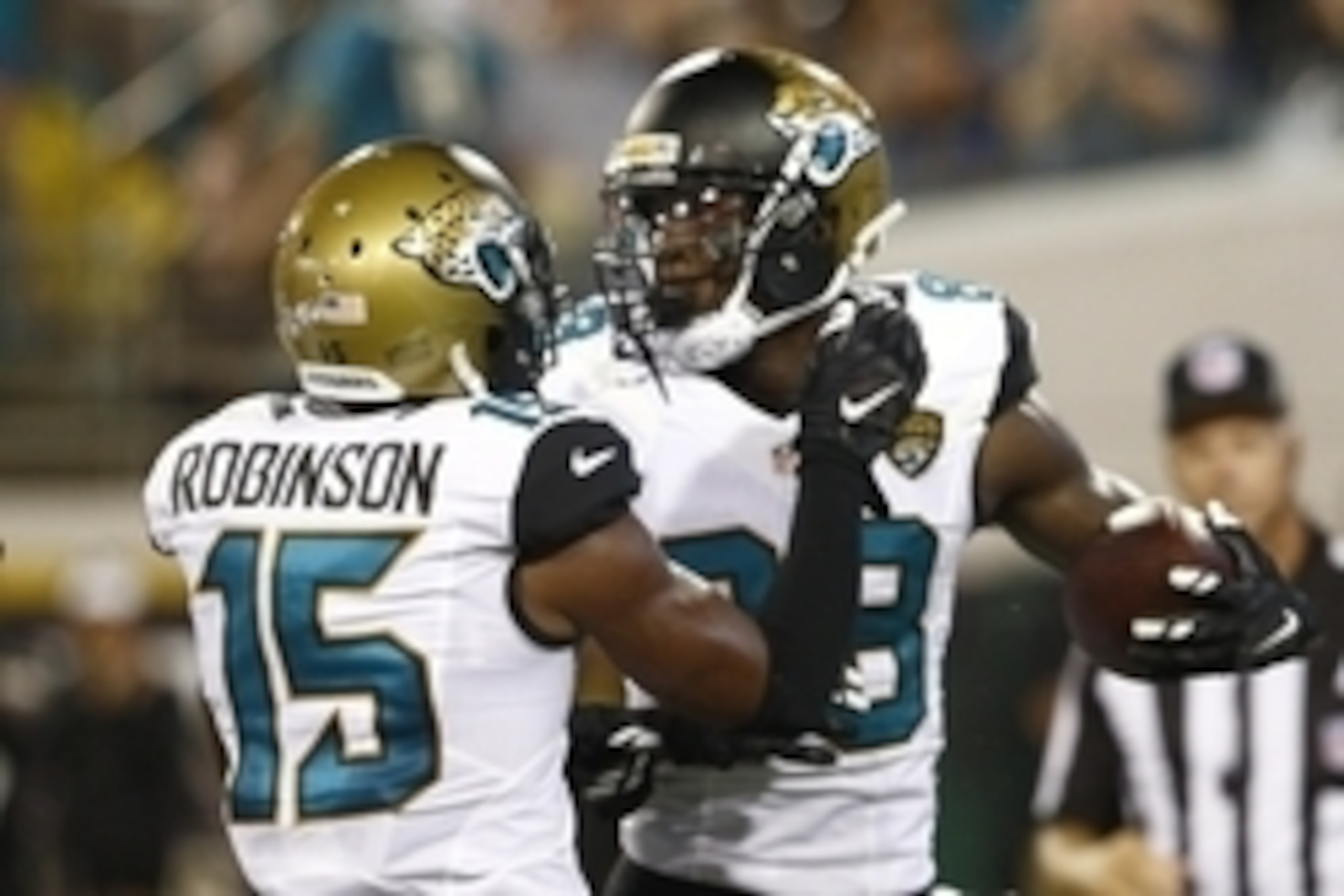 Aug 28, 2015; Jacksonville, FL, USA; Jacksonville Jaguars wide receiver Allen Hurns (88) celebrates with wide receiver Allen Robinson (15) after scoring a touchdown during the first quarter of  an NFL preseason football game against the Detroit Lions at E