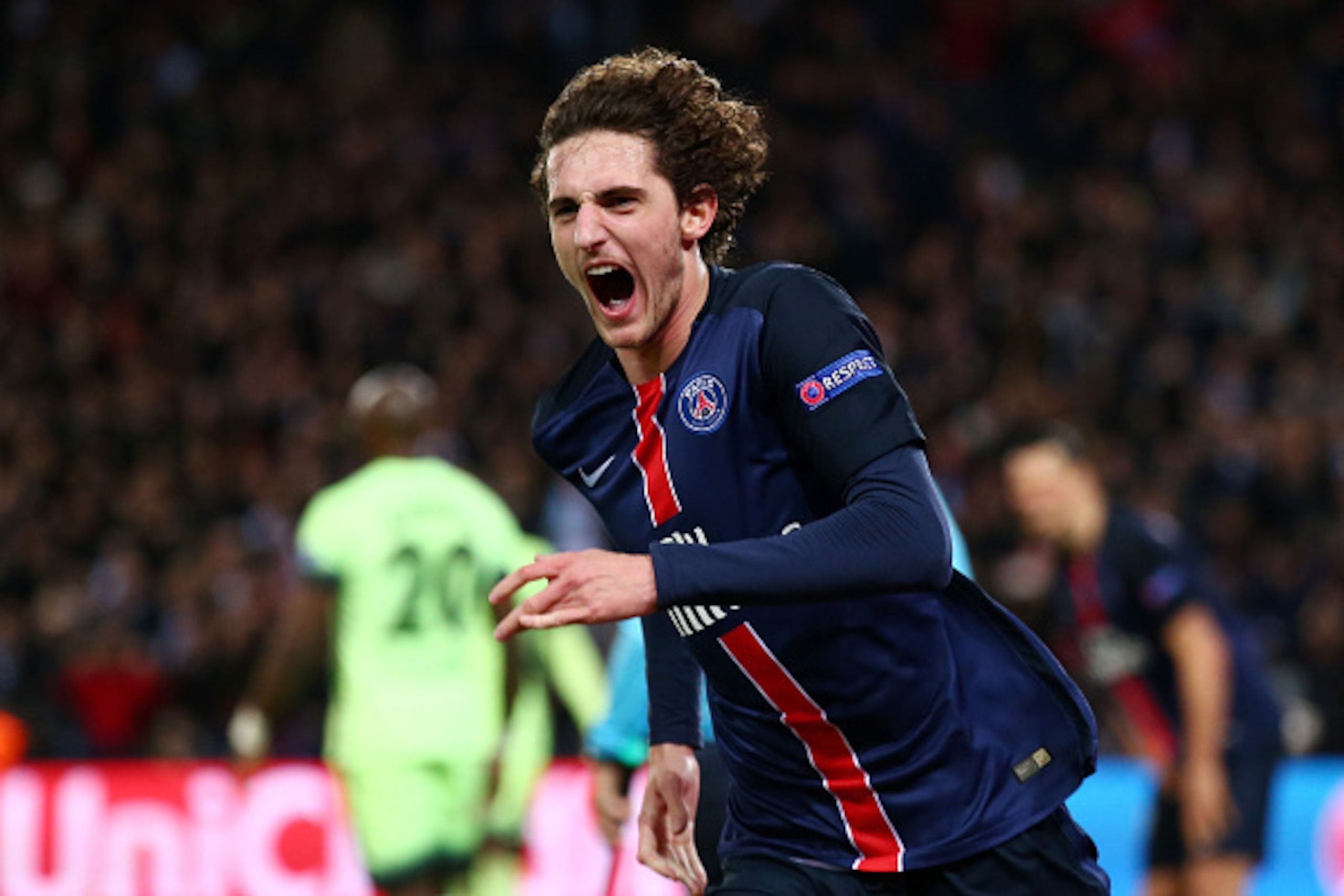 PARIS, FRANCE - APRIL 06: Adrien Rabiot of Paris Saint-Germain celebrates scoring his team's second goal during the UEFA Champions League Quarter Final First Leg match between Paris Saint-Germain and Manchester City at Parc des Princes on April 6, 2016 i PARIS, FRANCE - APRIL 06: Adrien Rabiot of Paris Saint-Germain celebrates scoring his team's second goal during the UEFA Champions League Quarter Final First Leg match between Paris Saint-Germain and Manchester City at Parc des Princes on April 6, 2016 i