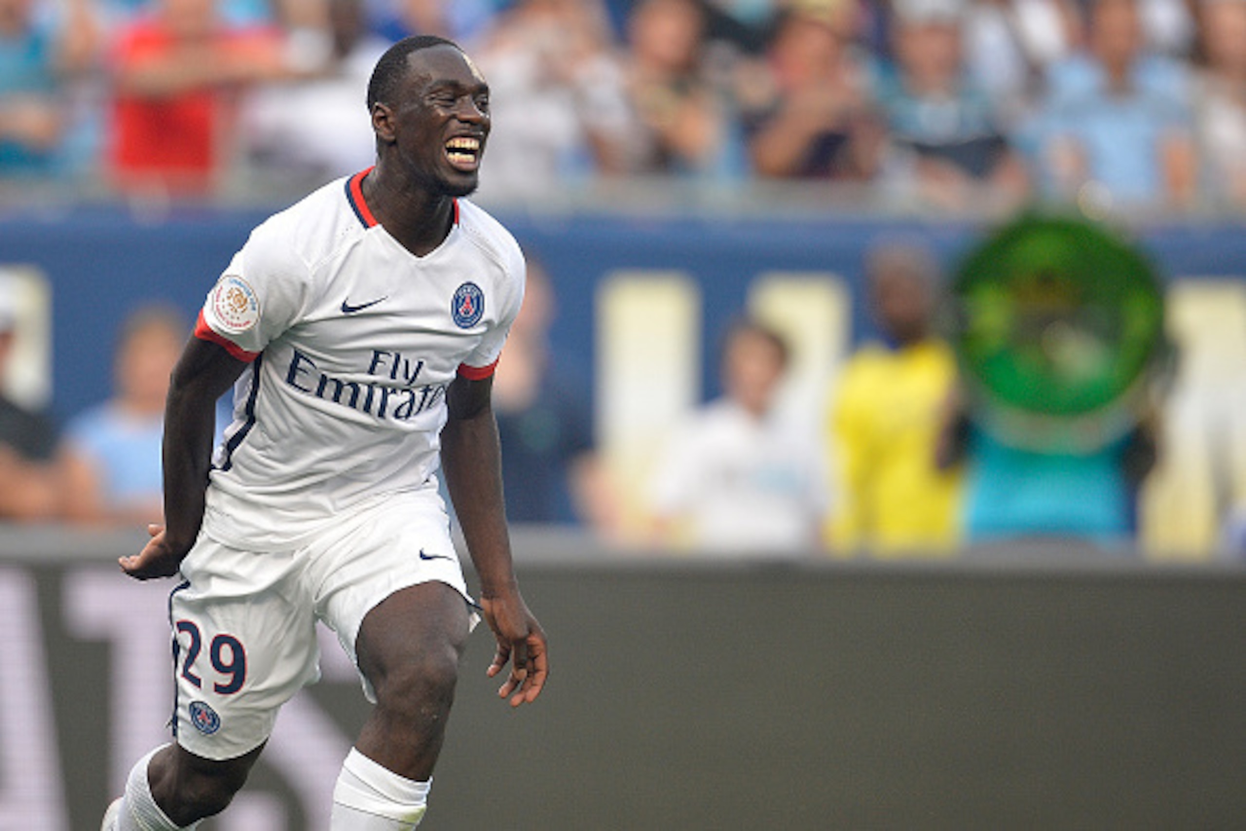 CHARLOTTE, NC - JULY 25: Jean-Kevin Augustin #29 of Paris Saint-Germain reacts after missing a shot on goal against Chelsea during their International Champions Cup match at Bank of America Stadium on July 25, 2015 in Charlotte, North Carolina. Chelsea w CHARLOTTE, NC - JULY 25: Jean-Kevin Augustin #29 of Paris Saint-Germain reacts after missing a shot on goal against Chelsea during their International Champions Cup match at Bank of America Stadium on July 25, 2015 in Charlotte, North Carolina. Chelsea w