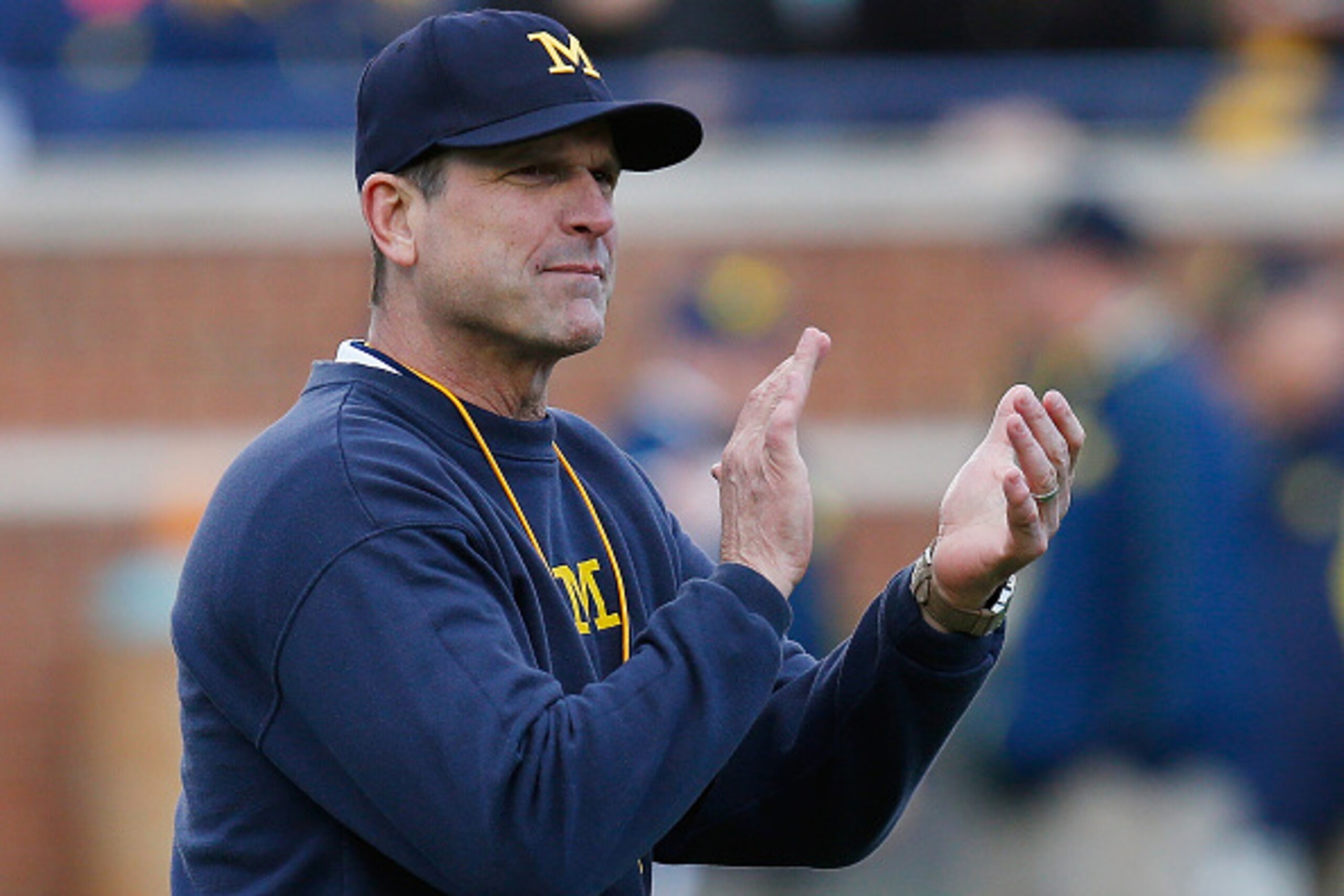 ANN ARBOR, MI - APRIL 01: Head coach Jim Harbaugh of the Michigan Wolverines looks on prior to the Michigan Football Spring Game on April 1, 2016 at Michigan Stadium in Ann Arbor, Michigan.  (Photo by Gregory Shamus/Getty Images)