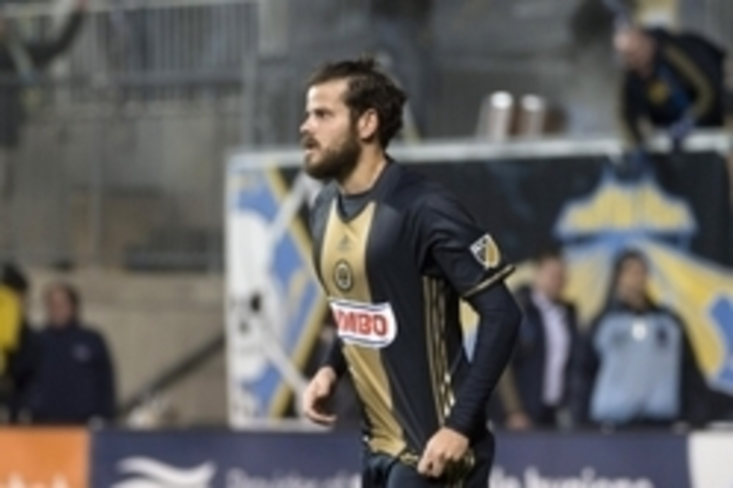 Apr 8, 2016; Philadelphia, PA, USA; Philadelphia Union midfielder Tranquillo Barnetta (10) celebrates after a late goal during the second half against the Orlando City FC at Talen Energy Stadium. The Union won 2-1. Mandatory Credit: Derik Hamilton-USA TOD