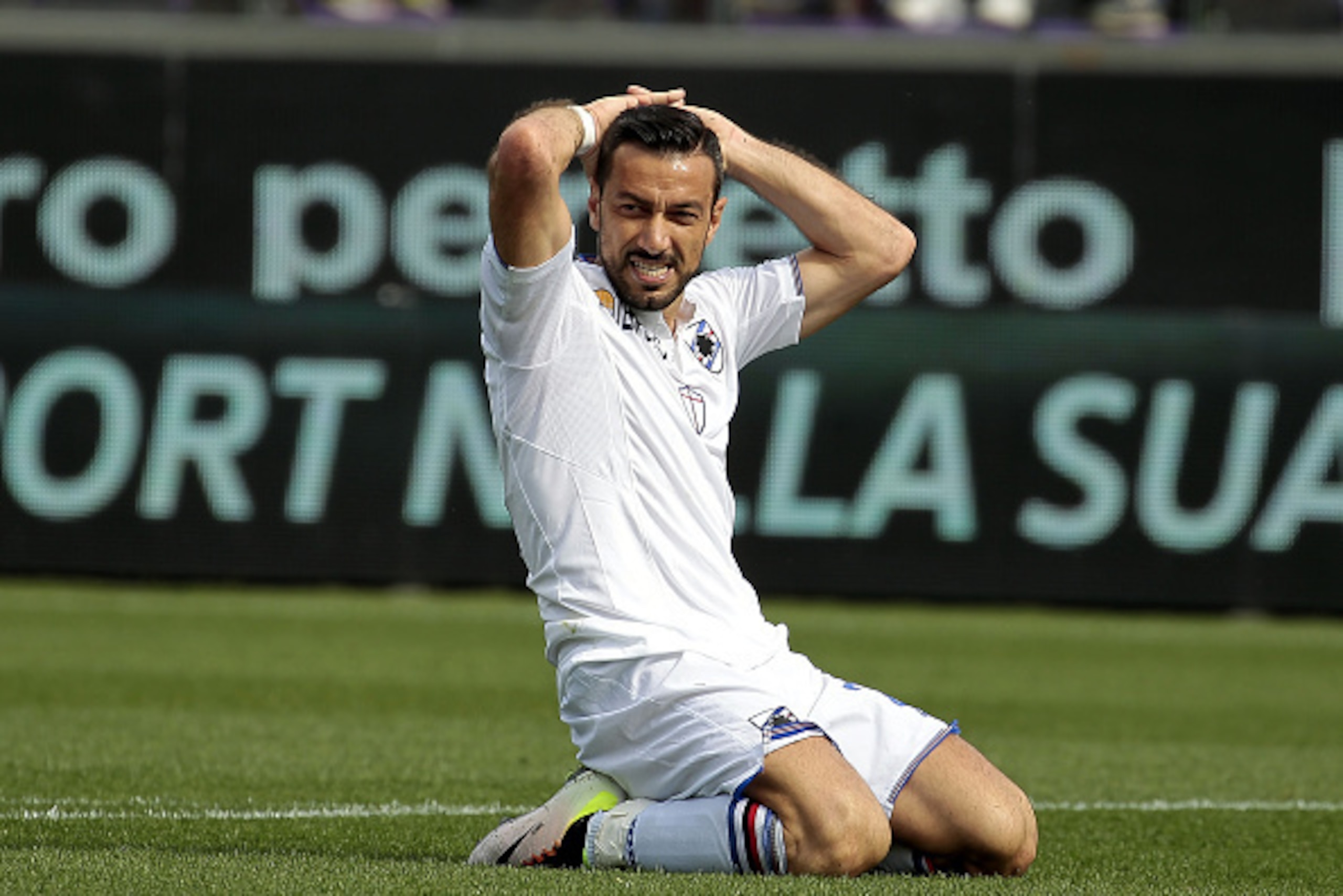 FLORENCE, ITALY - APRIL 03: Fabio Quagliarella of UC Sampdoria shows his dejection during the Serie A match between ACF Fiorentina and UC Sampdoria at Artemio Franchi on April 3, 2016 in Florence, Italy.  (Photo by Gabriele Maltinti/Getty Images)