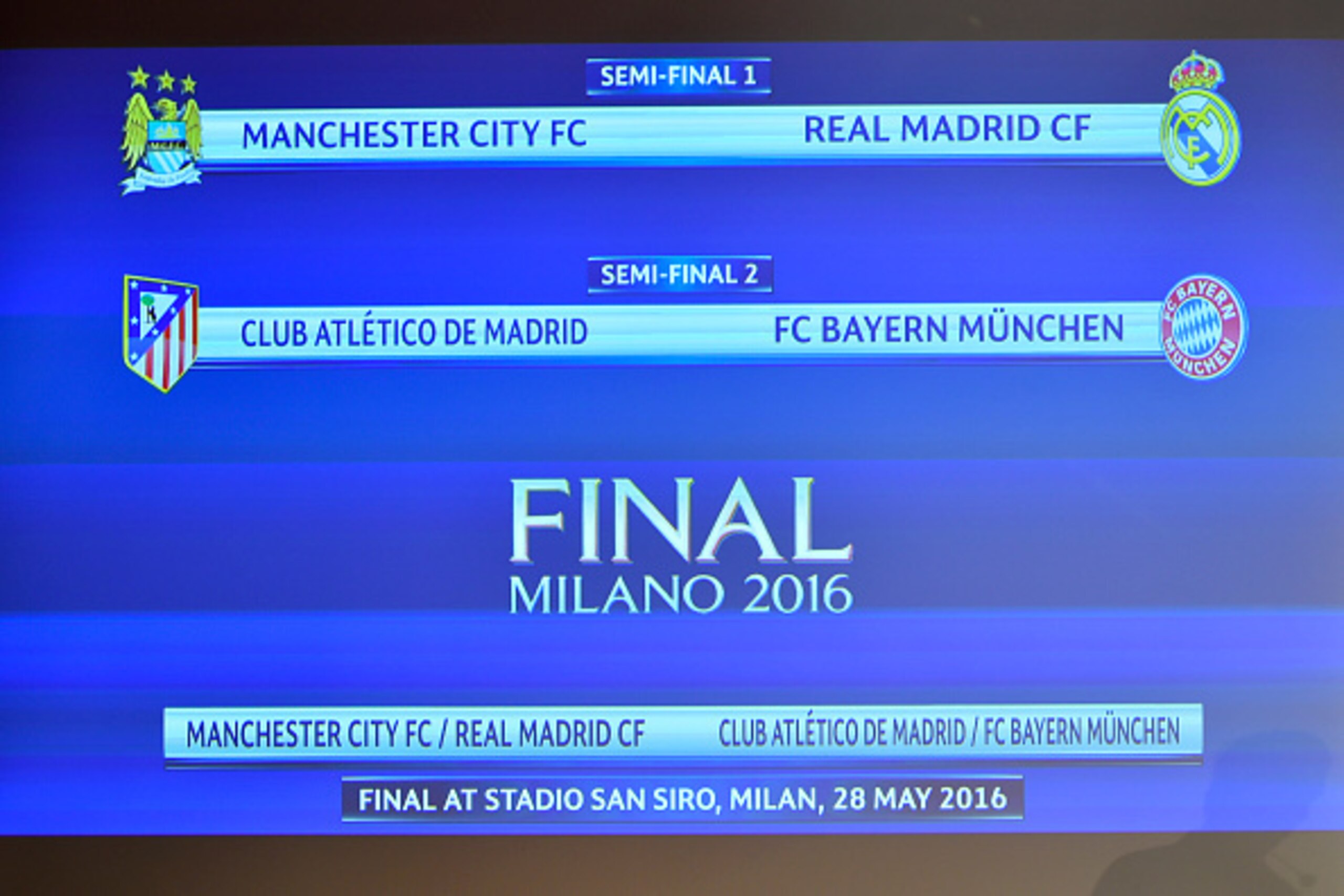 A screen shows the clubs that will be facing each other during the semi-final draw for the UEFA Champions League at the UEFA headquarters in Nyon on April 15, 2016.   AFP PHOTO / FABRICE COFFRINI / AFP / FABRICE COFFRINI        (Photo credit should read F