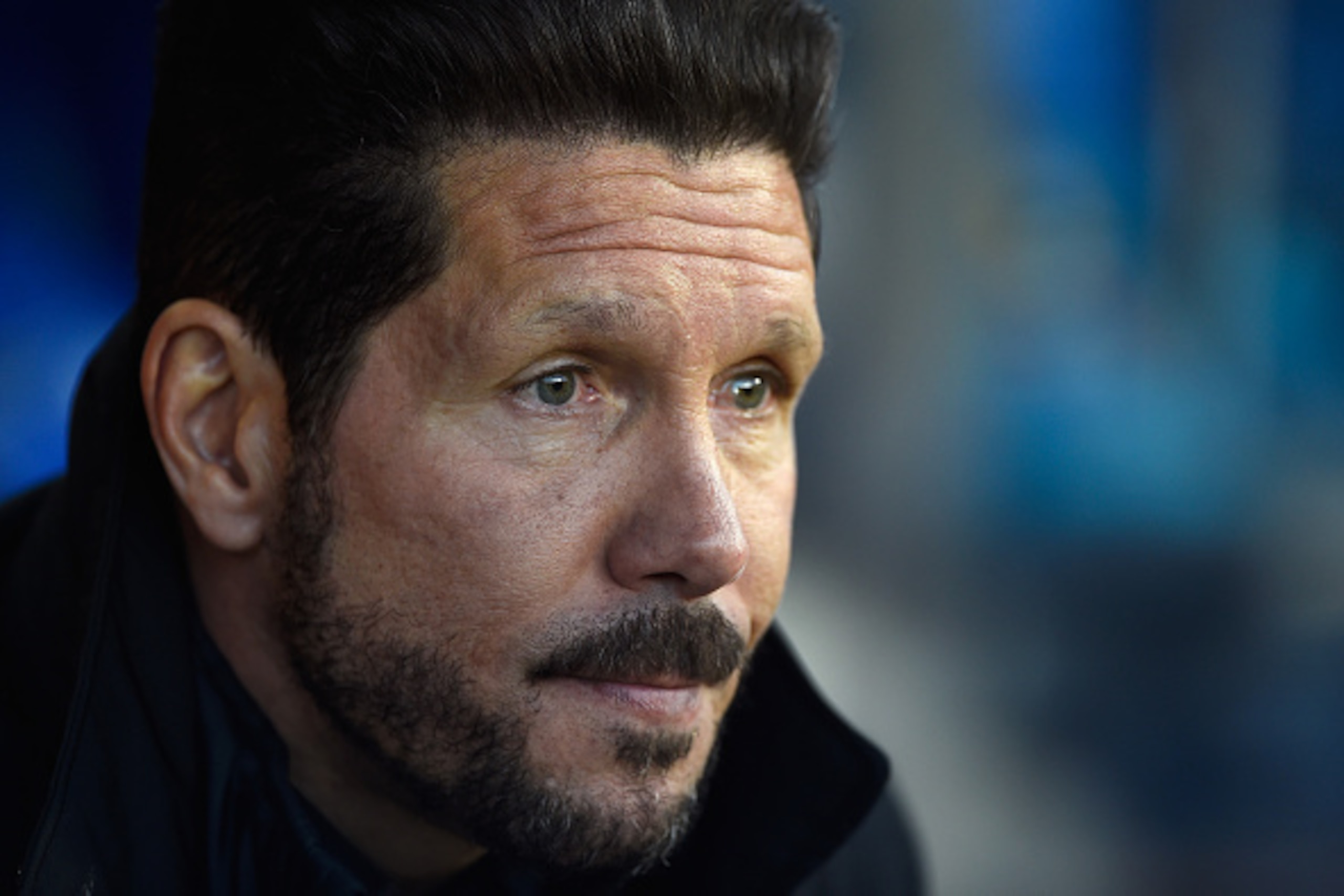 MADRID, SPAIN - APRIL 13:  Atletico Madrid coach Diego Simeone looks on during the UEFA Champions League Quarter Final Second Leg between Club Atletico de Madrid and FC Barcelona at Vincente Calderon on April 13, 2016 in Madrid, Spain.  (Photo by Mike Hew