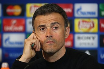 MADRID, SPAIN - APRIL 13: Coach of Barcelona Luis Enrique Martinez answers to the media during a press conference following the UEFA Champions League quarter final second leg match between Atletico Madrid and FC Barcelona at Vicente Calderon stadium on Ap