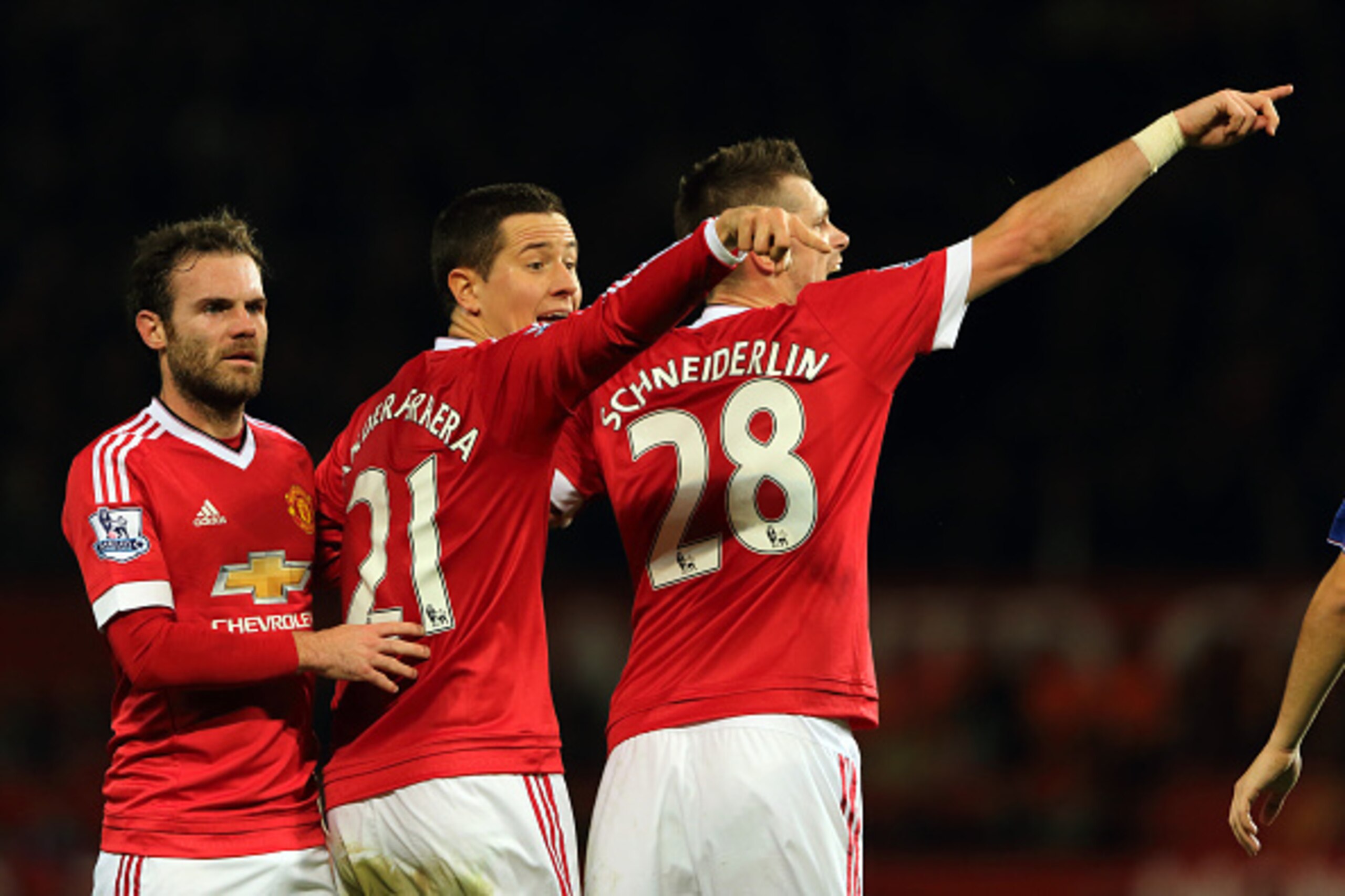 MANCHESTER, ENGLAND - DECEMBER 28:  With Juan Mata in the defence wall, Ander Herrera and Morgan Schneiderlin organise the defence during the Barclays Premier League match between Manchester Untied and Chelsea at Old Trafford on December 28, 2015 in Manch