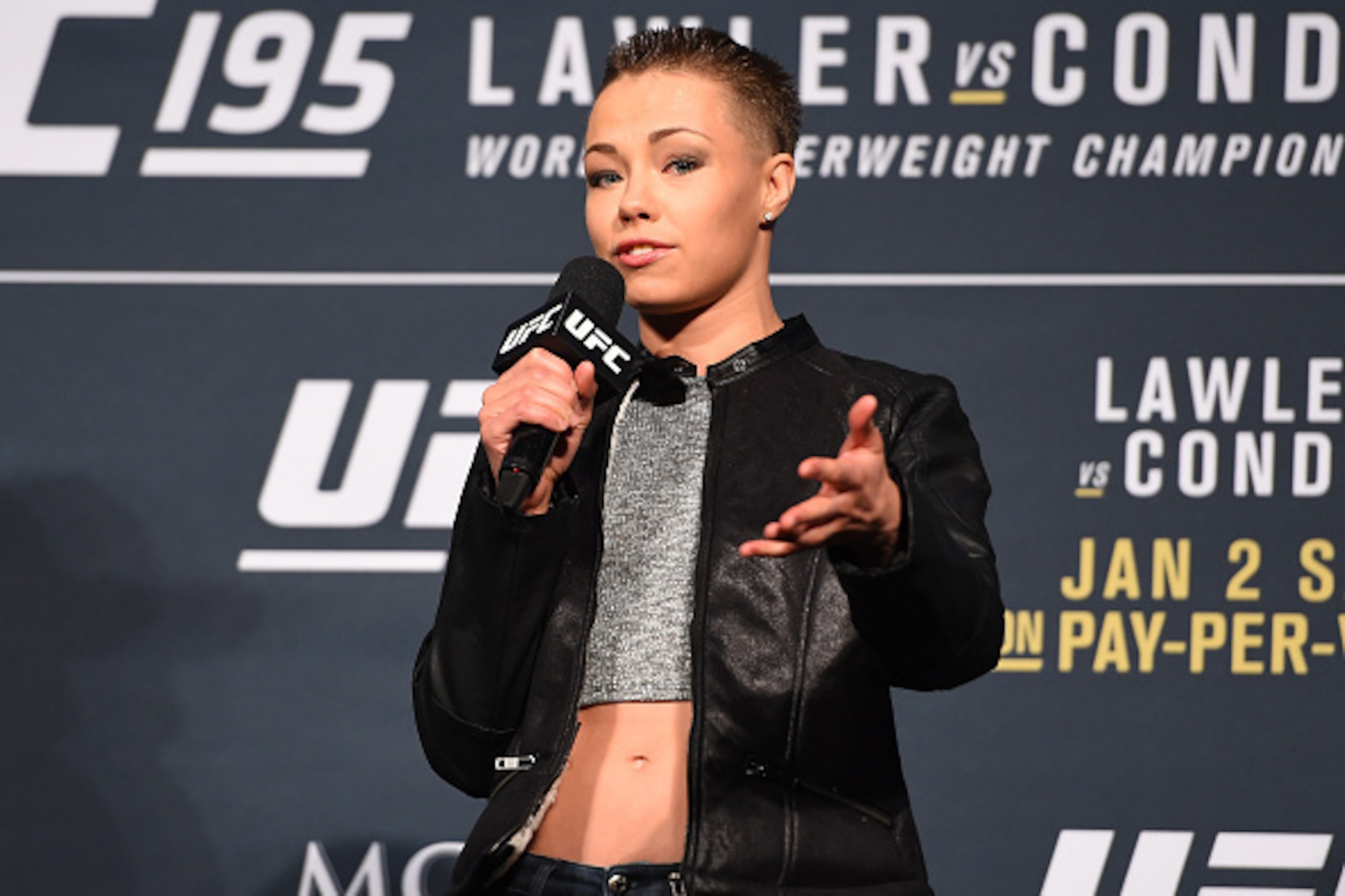 LAS VEGAS, NV - JANUARY 01:   Rose Namajunas interacts with fans during a Q&A session before the UFC 195 weigh-in at the MGM Grand Conference Center on January 1, 2016 in Las Vegas, Nevada. (Photo by Josh Hedges/Zuffa LLC/Zuffa LLC via Getty Images)