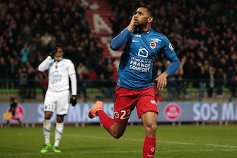 Caen's French forward Sylvio Ronny Rodelin celebrates after scoring a goal during the French L1 football match between Caen and Troyes at the Michel d'Ornano stadium in Caen, northwestern France, on March 19, 2016. AFP PHOTO / CHARLY TRIBALLEAU / AFP / CH Caen's French forward Sylvio Ronny Rodelin celebrates after scoring a goal during the French L1 football match between Caen and Troyes at the Michel d'Ornano stadium in Caen, northwestern France, on March 19, 2016. AFP PHOTO / CHARLY TRIBALLEAU / AFP / CH