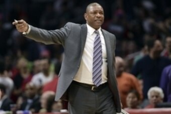 Apr 10, 2016; Los Angeles, CA, USA; Los Angeles Clippers head coach Doc Rivers protests a call to referees during the third quarter at Staples Center. Mandatory Credit: Robert Hanashiro-USA TODAY Sports