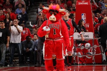 CHICAGO, IL - MAY 08:  Benny the Bull, mascot for the Chicago Bulls, looks on in Game Five of the Eastern Conference Quarterfinals against the Philadelphia 76ers during the 2012 NBA Playoffs on May 8, 2012 at the United Center in Chicago, Illinois. NOTE T