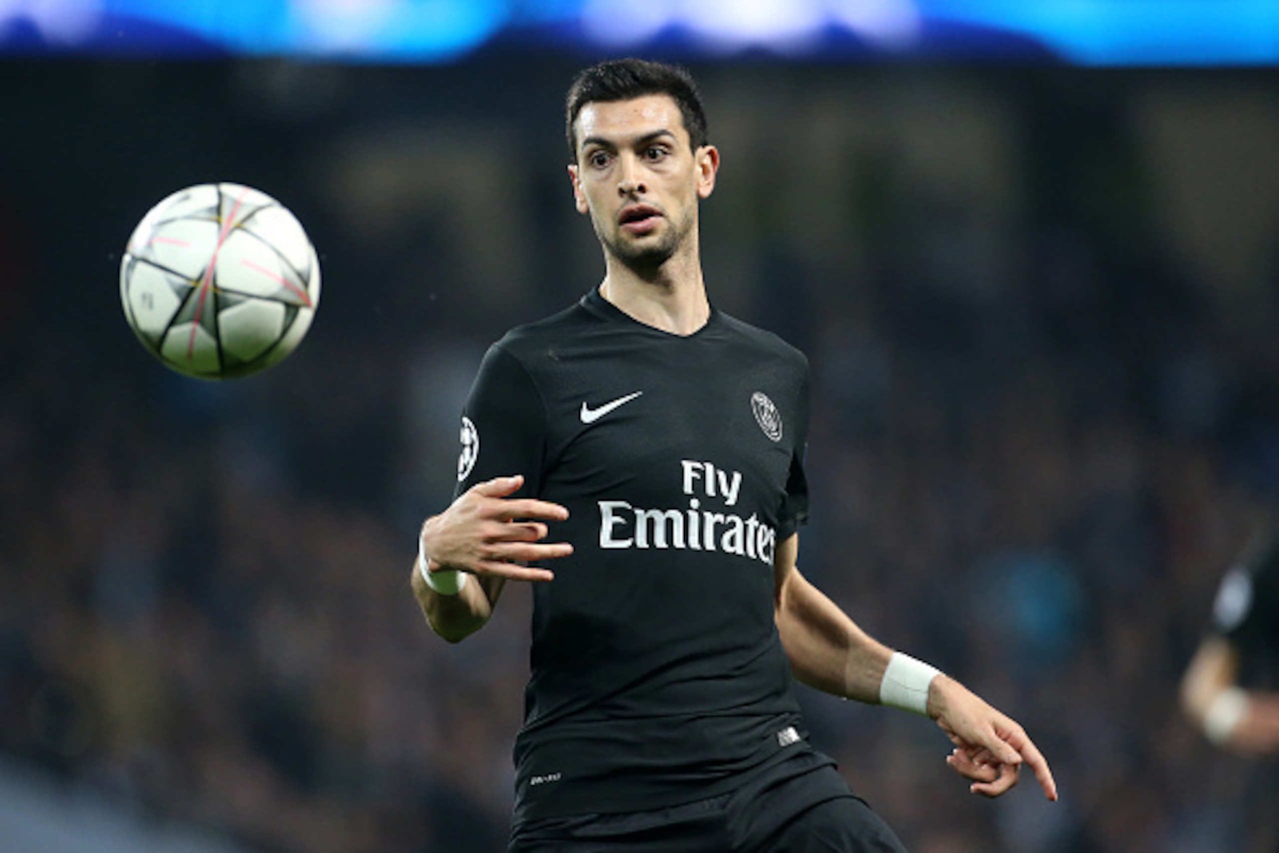 MANCHESTER, ENGLAND - APRIL 12: Javier Pastore of PSG in action during the UEFA Champions League quarter final second leg match between Manchester City and Paris Saint-Germain (PSG) at Etihad Stadium on April 12, 2016 in Manchester, United Kingdom. (Photo