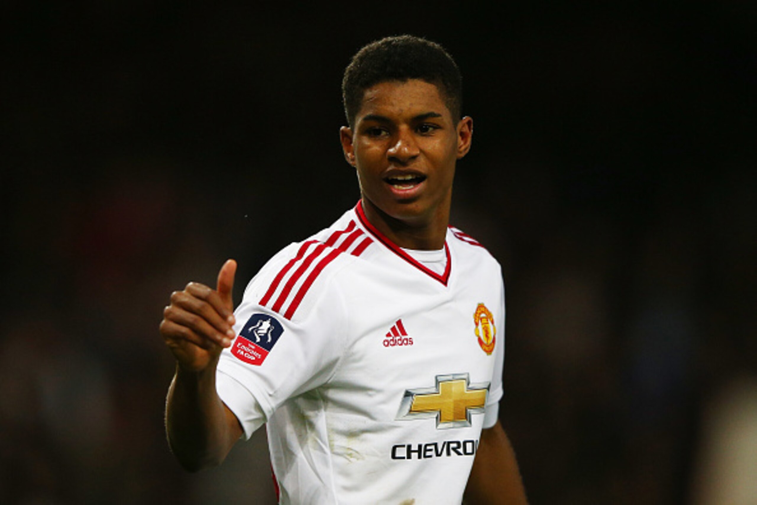 LONDON, ENGLAND - APRIL 13:  Marcus Rashford of Manchester United celebrates scoring the opening goal during The Emirates FA Cup, sixth round replay between West Ham United and Manchester United at the Boleyn Ground on April 13, 2016 in London, England.  