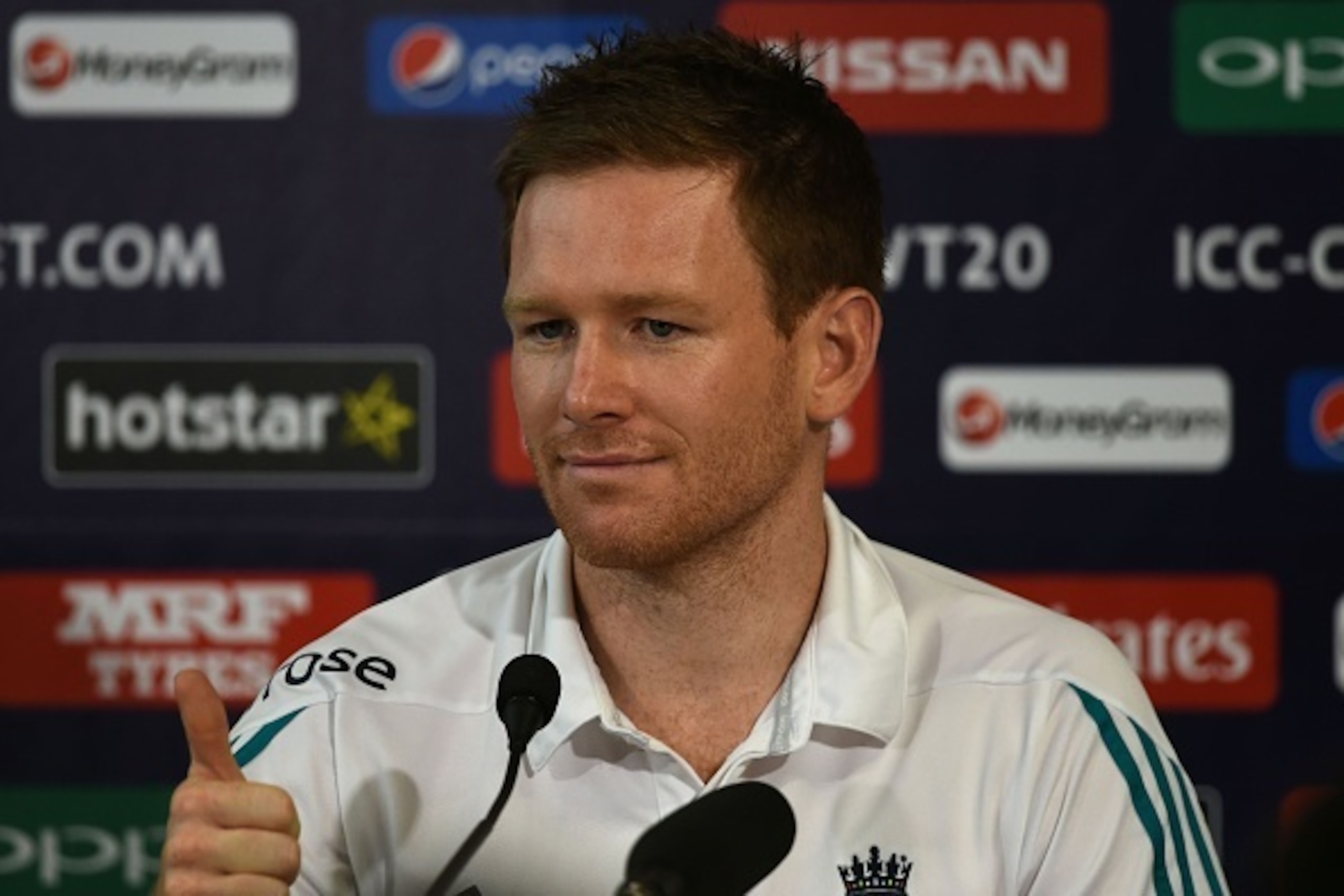 England's captain Eoin Morgan gestures during a pre-match press conference for the World T20 cricket tournament final at the Eden Gardens stadium in Kolkata on April 2, 2016.
England play West Indies in the final match of the ICC World T20 2016 tournament