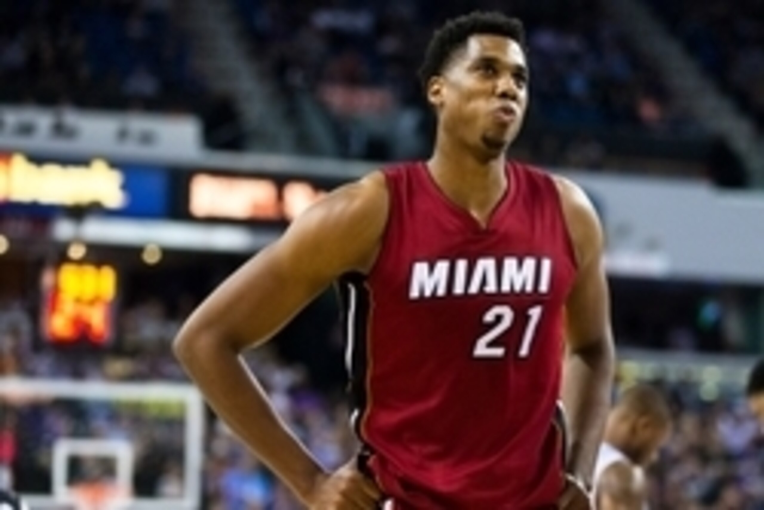 Apr 1, 2016; Sacramento, CA, USA;  Miami Heat center Hassan Whiteside (21) reacts during the game against the Sacramento Kings in the fourth quarter at Sleep Train Arena. Miami won 112-106. Mandatory Credit: John Hefti-USA TODAY Sports